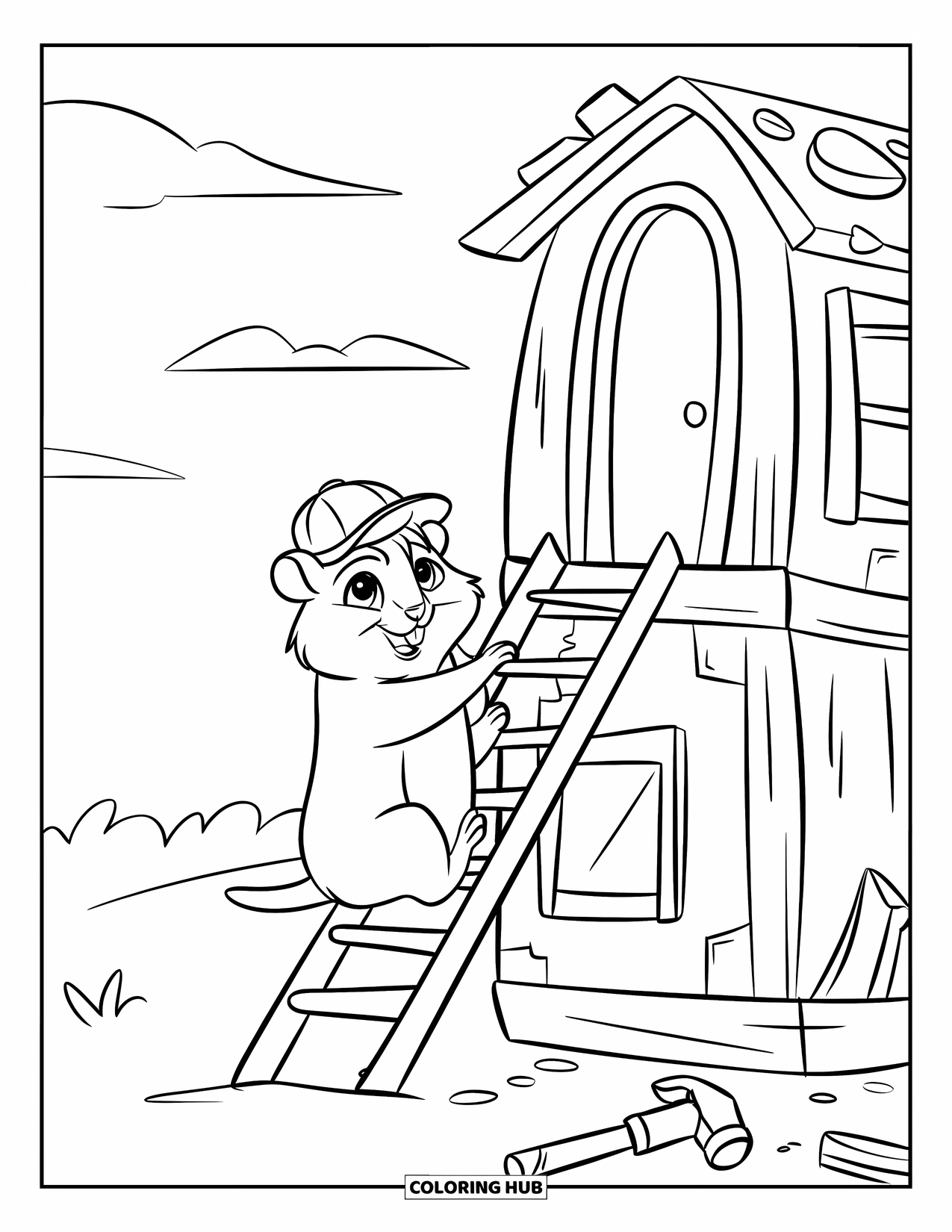 Kolorowanka z chomikiem dla dzieci: Chomik w małym kasku budowlanym wspina się po drabinie do małej kryjówki z narzędziami w pobliżu