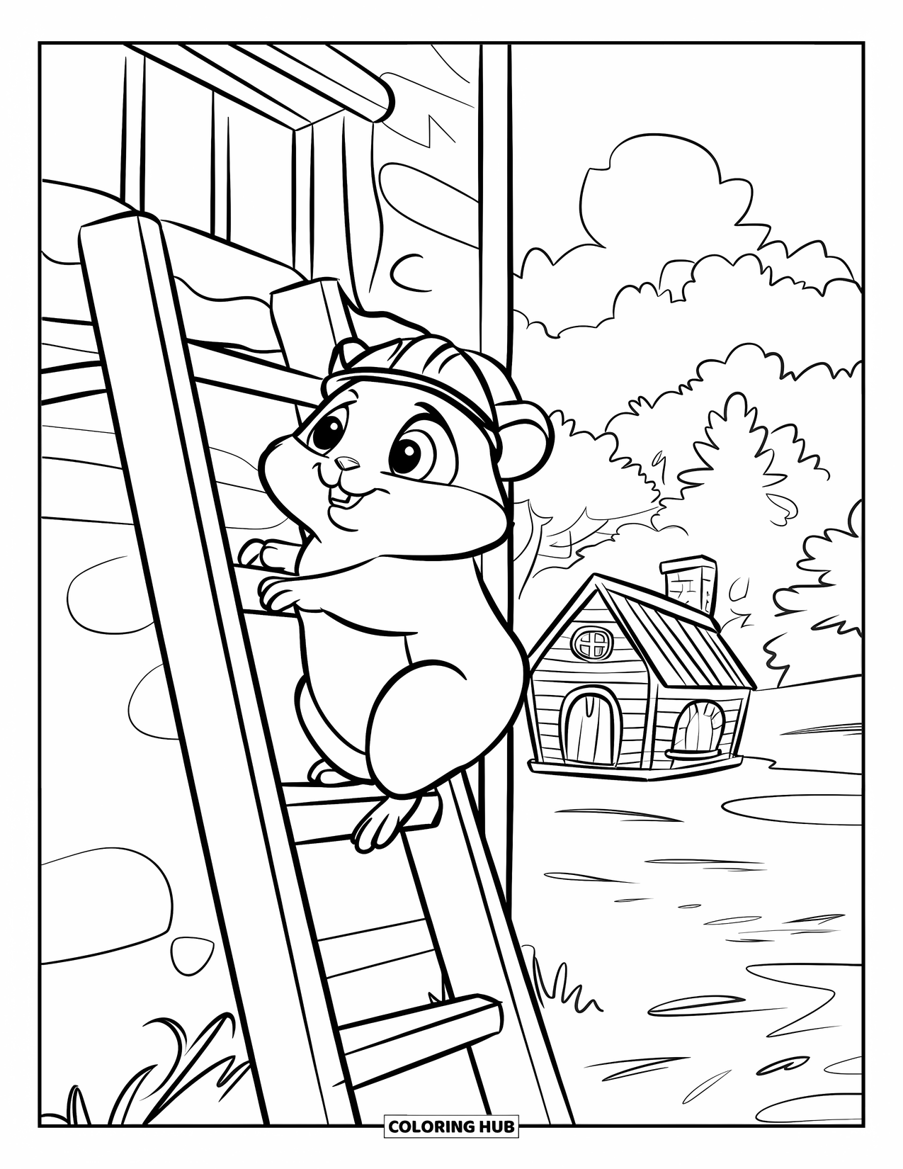 Kolorowanka z chomikiem dla dzieci: Chomik w małym kasku budowlanym wspina się po drabinie do małego domku z kominem