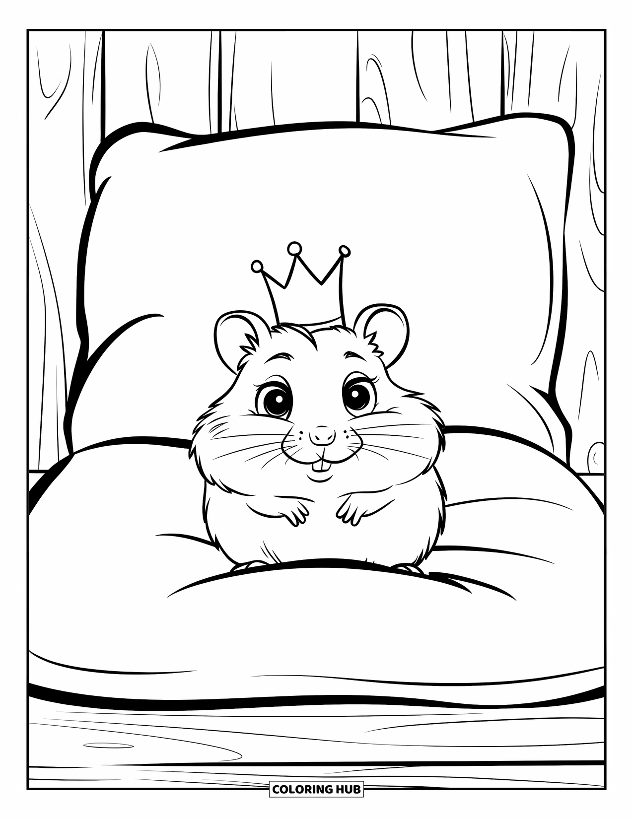 Kolorowanka z chomikiem dla dzieci: Chomik w małej koronie siedzi na zwykłej poduszce na drewnianej powierzchni