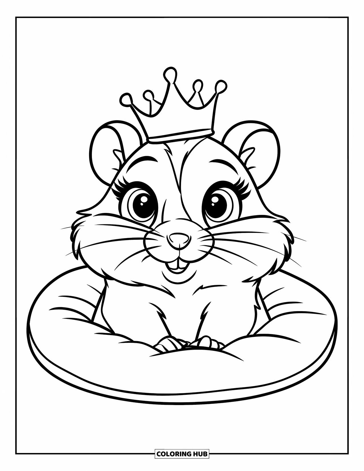 Kolorowanka z chomikiem dla dzieci: Chomik w małej koronie siedzi na zwykłej poduszce z wyraźnymi konturami