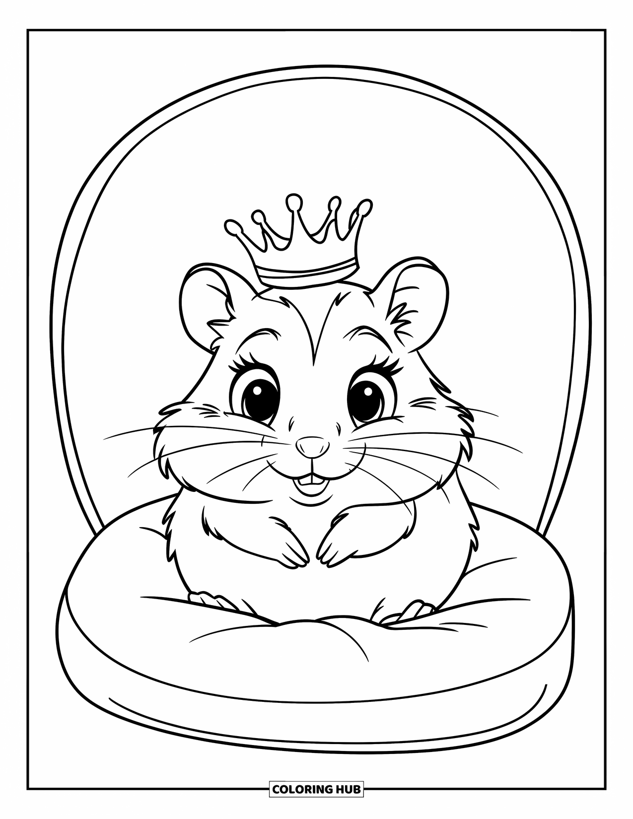 Kolorowanka z chomikiem dla dzieci: Chomik w małej koronie siedzi na prostej okrągłej poduszce z wyraźnymi konturami