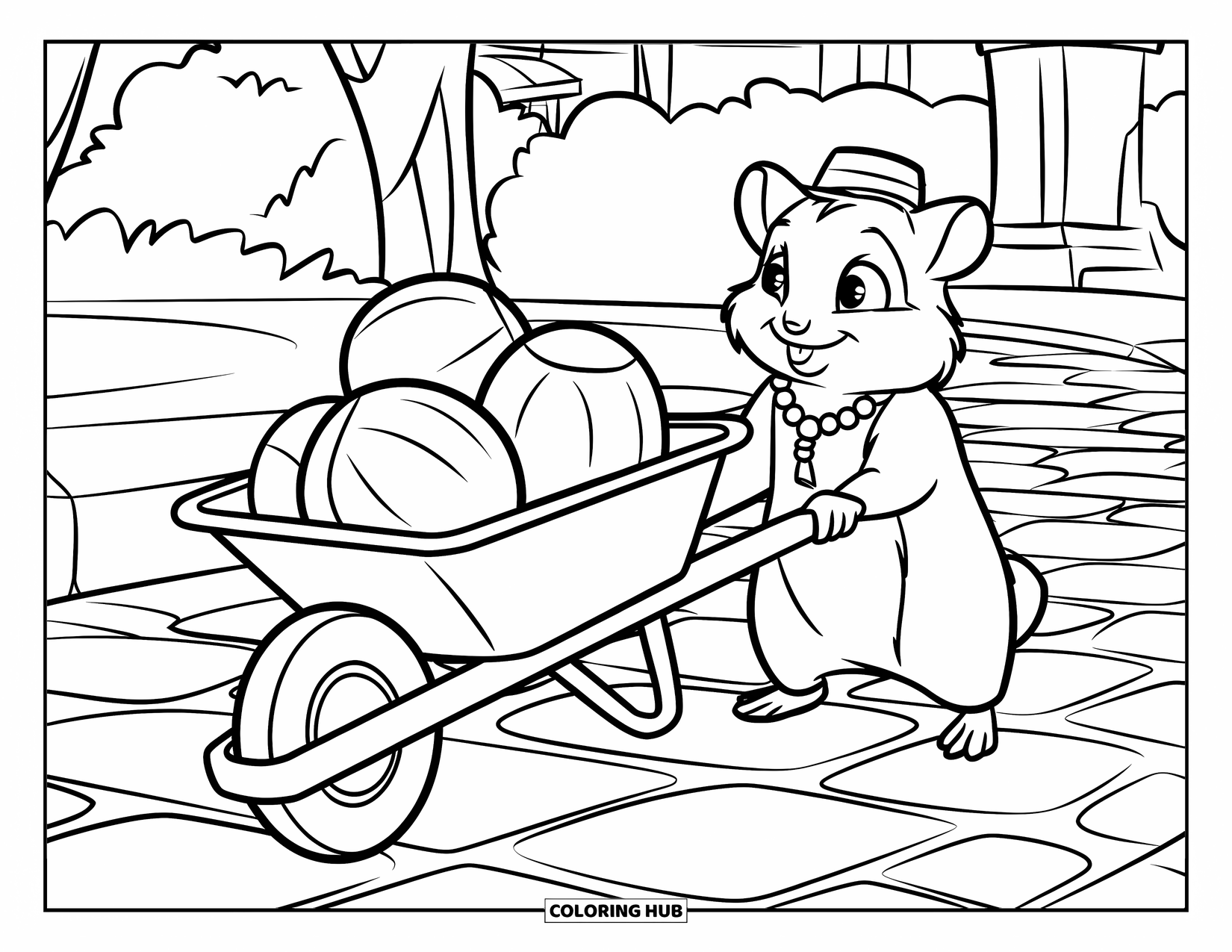 Kolorowanka z chomikiem dla dzieci: Chomik w małym kapeluszu i naszyjniku z koralików pcha taczkę z trzema orzechami