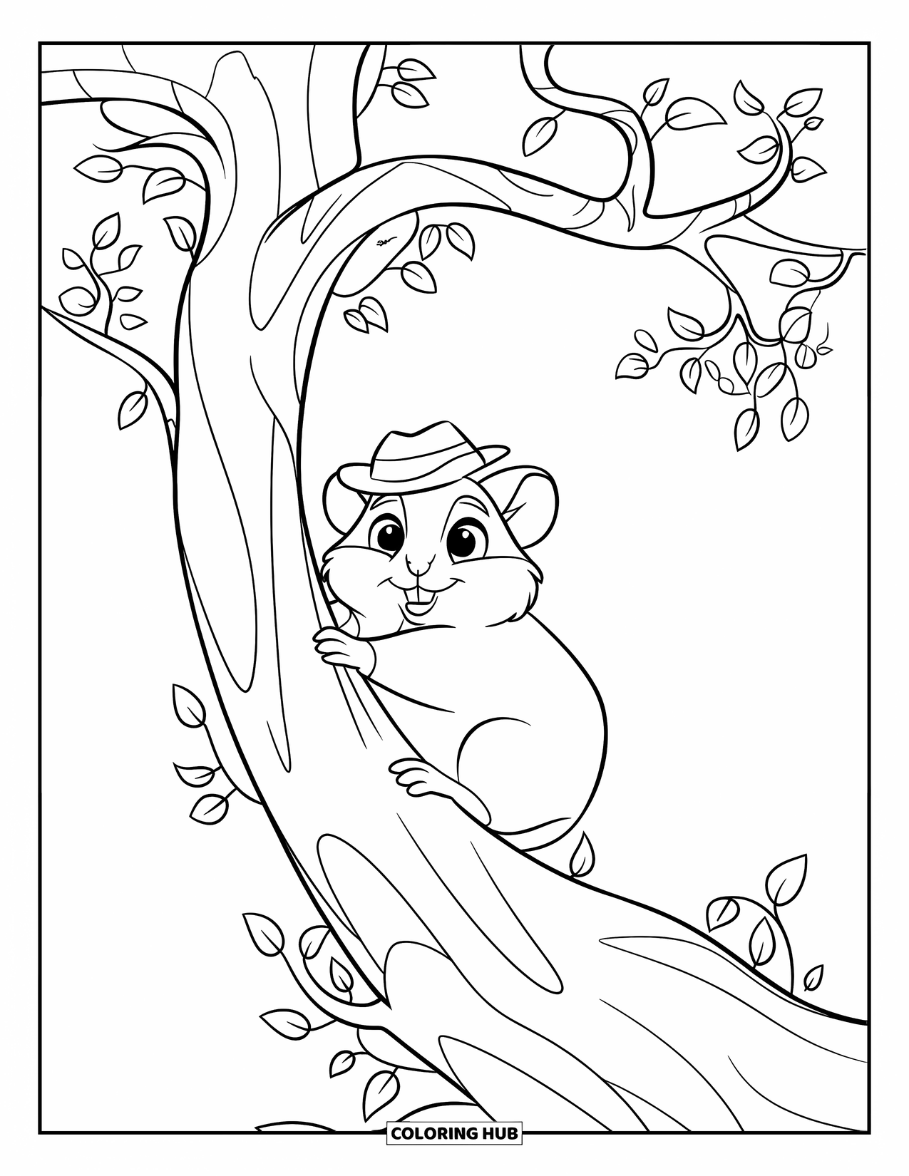 Kolorowanka z chomikiem dla dzieci: Chomik w małym kapeluszu wspina się po pniu drzewa z liśćmi i gałęziami, na białym tle