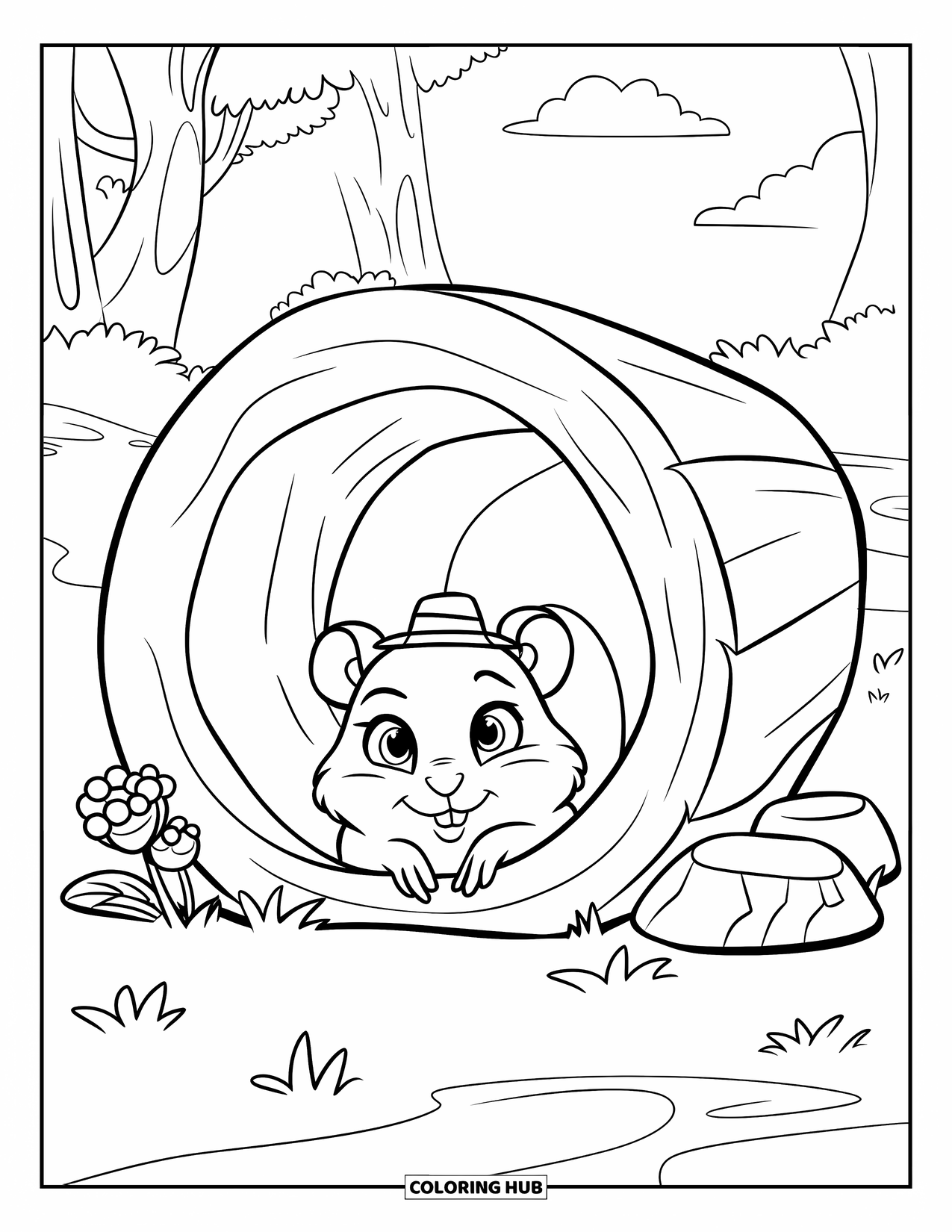 Kolorowanka z chomikiem dla dzieci: Chomik w małym kapeluszu wygląda zza kłody otoczonej kwiatami, skałami i drzewami