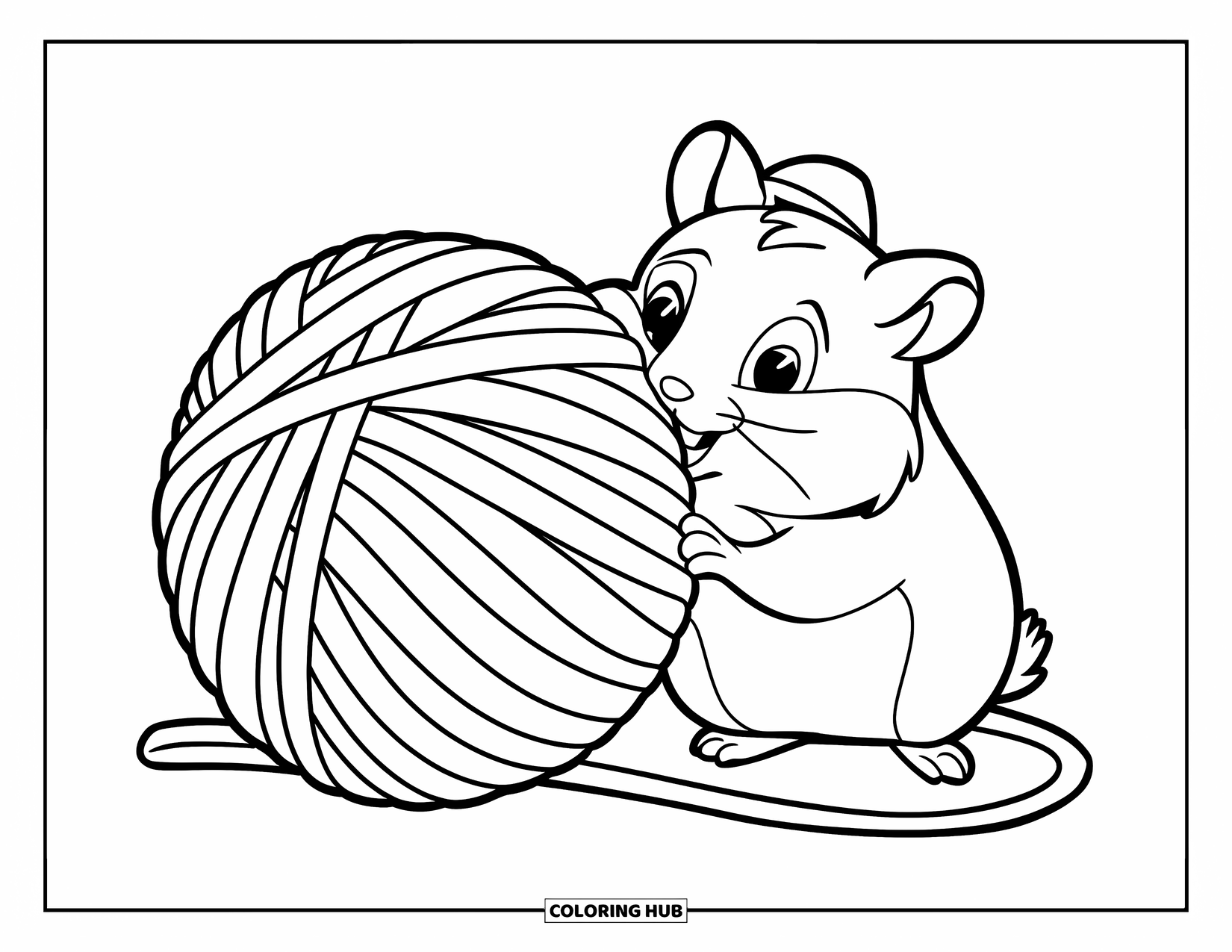 Kolorowanka z chomikiem dla dzieci: Chomik w małym kapeluszu bawi się zbyt dużą kulą włóczki, z prostym tłem