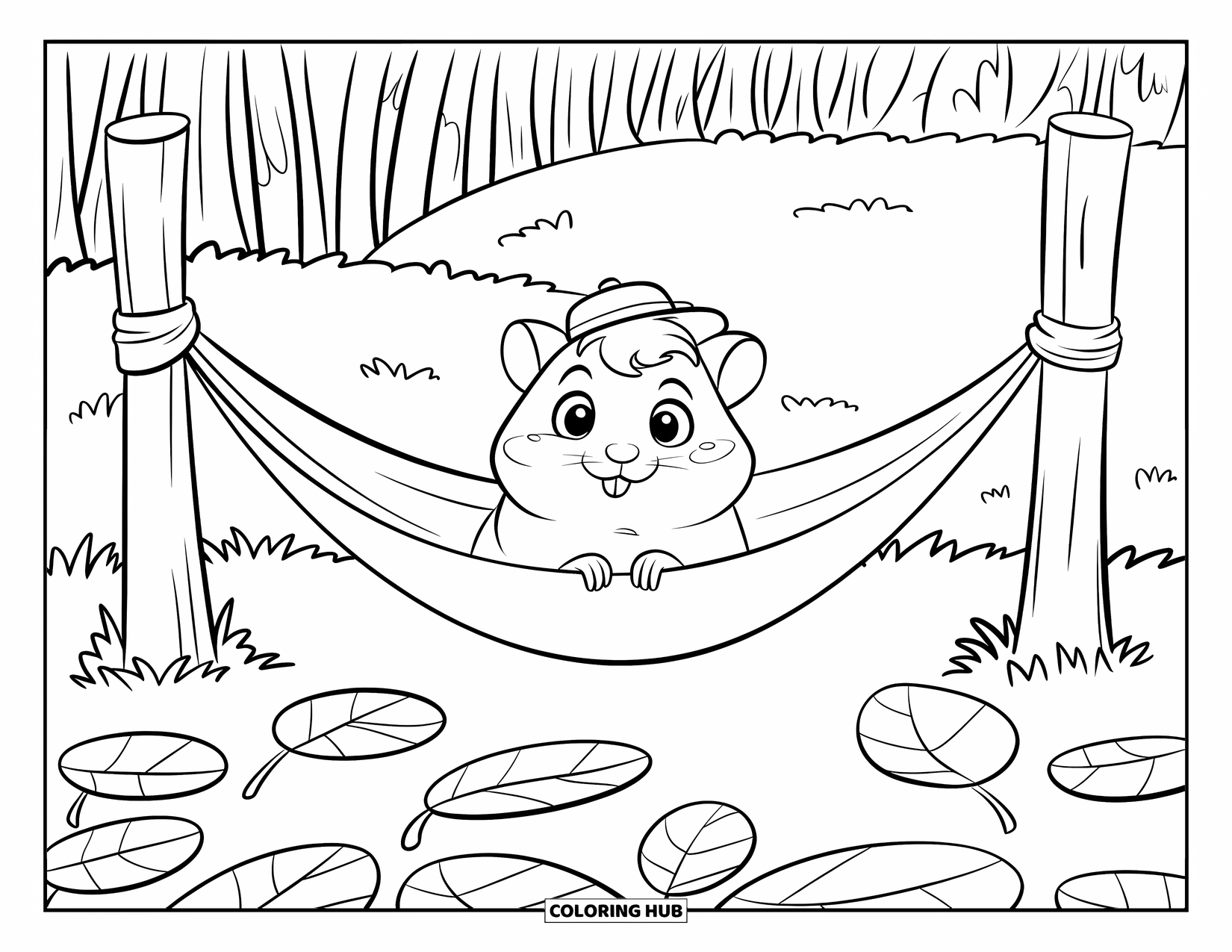 Kolorowanka z chomikiem dla dzieci: Chomik w małym kapeluszu relaksuje się w hamaku otoczonym dużymi pomarańczowymi liśćmi