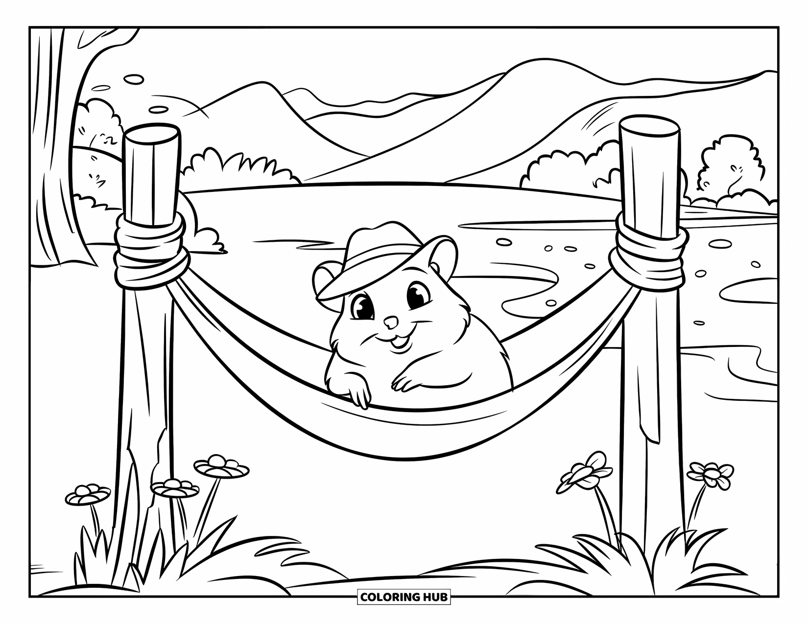 Kolorowanka z chomikiem dla dzieci: Chomik w małym kapeluszu odpoczywa w hamaku zawieszonym między dwoma słupkami, otoczony kwiatami