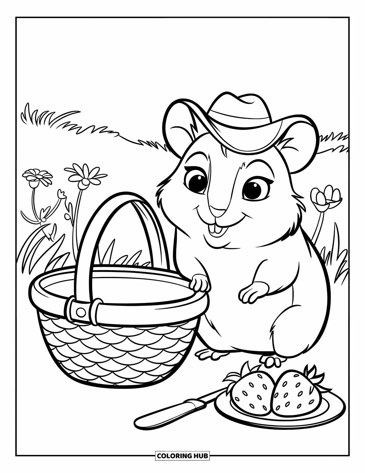 Kolorowanka z chomikiem dla dzieci: Chomik w małym kapeluszu siedzi obok koszyka piknikowego z truskawkami i nożem, na bujnym polu