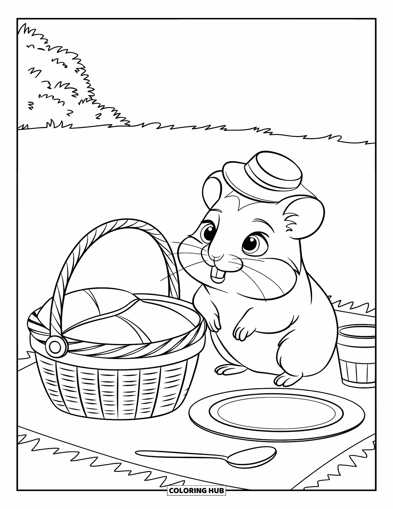 Kolorowanka z chomikiem dla dzieci: Chomik w małym kapeluszu siedzi obok koszyka piknikowego z talerzem i kubkiem, na polu