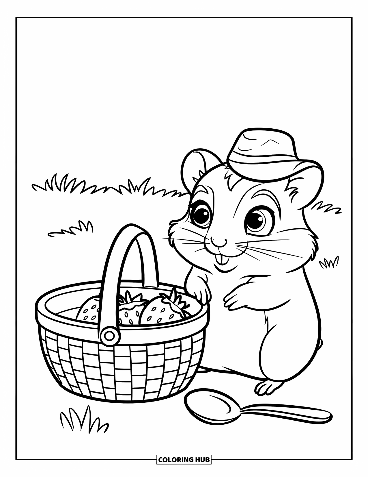 Kolorowanka z chomikiem dla dzieci: Chomik w małym kapeluszu siedzi obok koszyka piknikowego z truskawkami na trawiastym polu