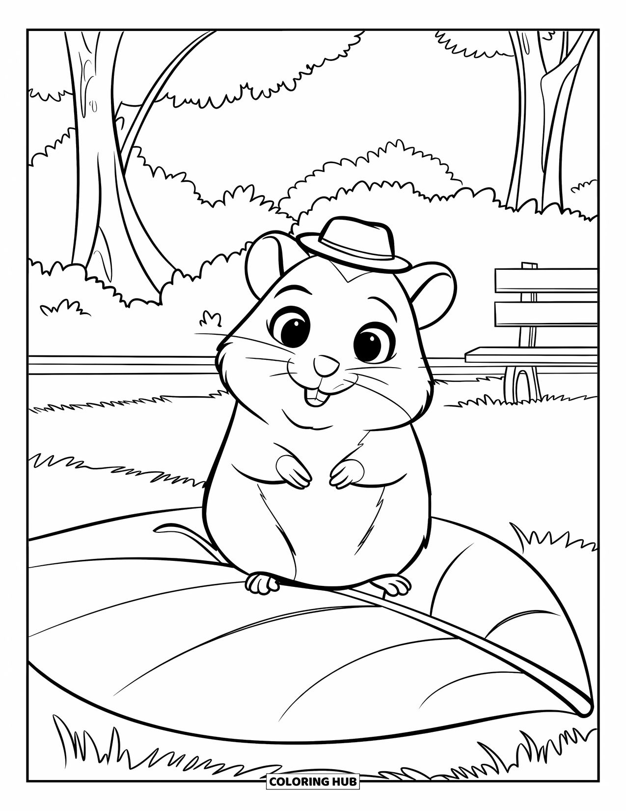 Kolorowanka z chomikiem dla dzieci: Chomik w małym kapeluszu siedzi na dużym liściu w parku