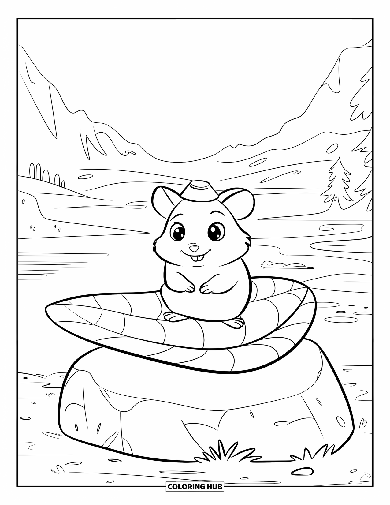 Kolorowanka z chomikiem dla dzieci: Chomik w małym kapeluszu siedzi na dużym liściu umieszczonym na skale