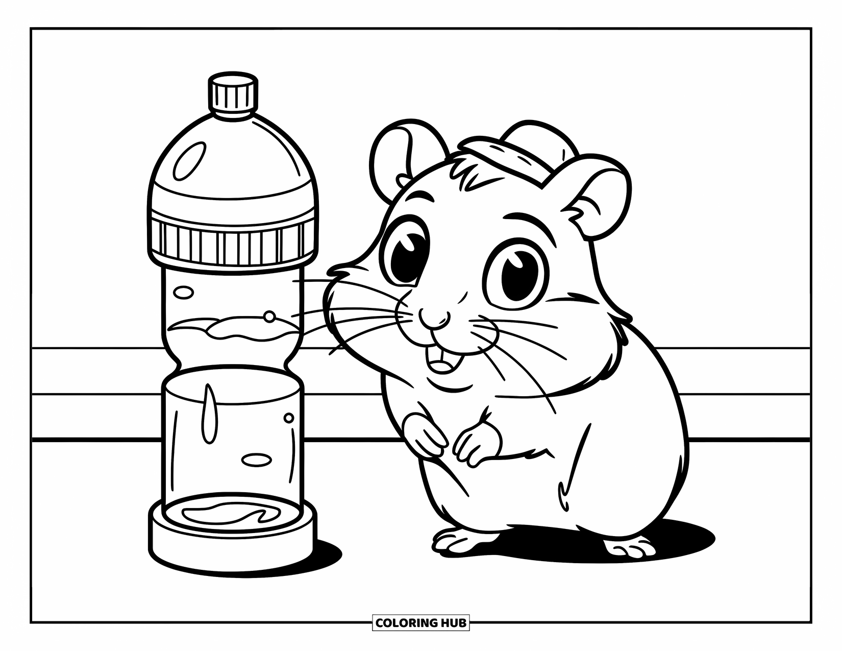 Kolorowanka z chomikiem dla dzieci: Chomik w małym kapeluszu stoi w pobliżu butelki z wodą, umieszczonej na małym stojaku