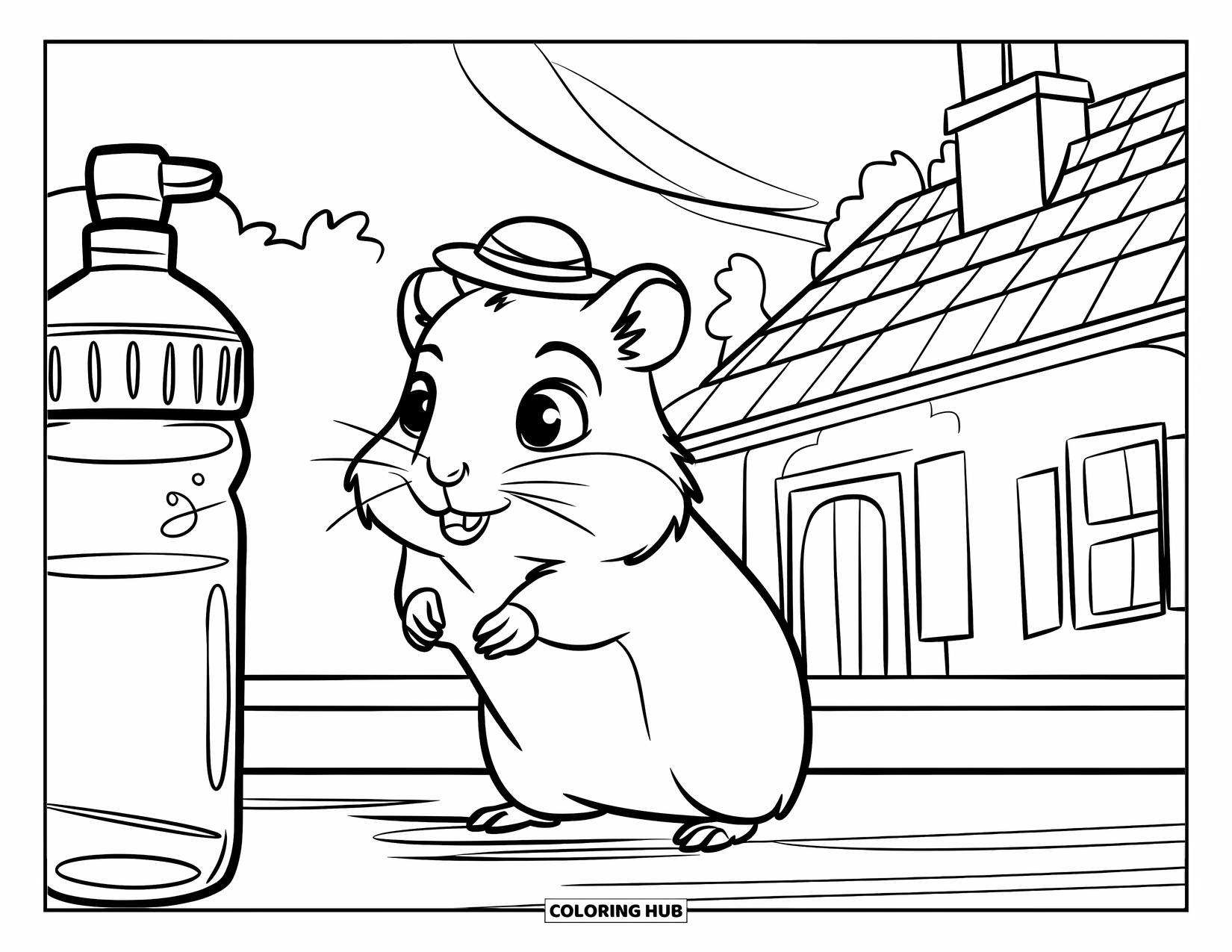 Kolorowanka z chomikiem dla dzieci: Chomik w małym kapeluszu stoi w pobliżu butelki z wodą