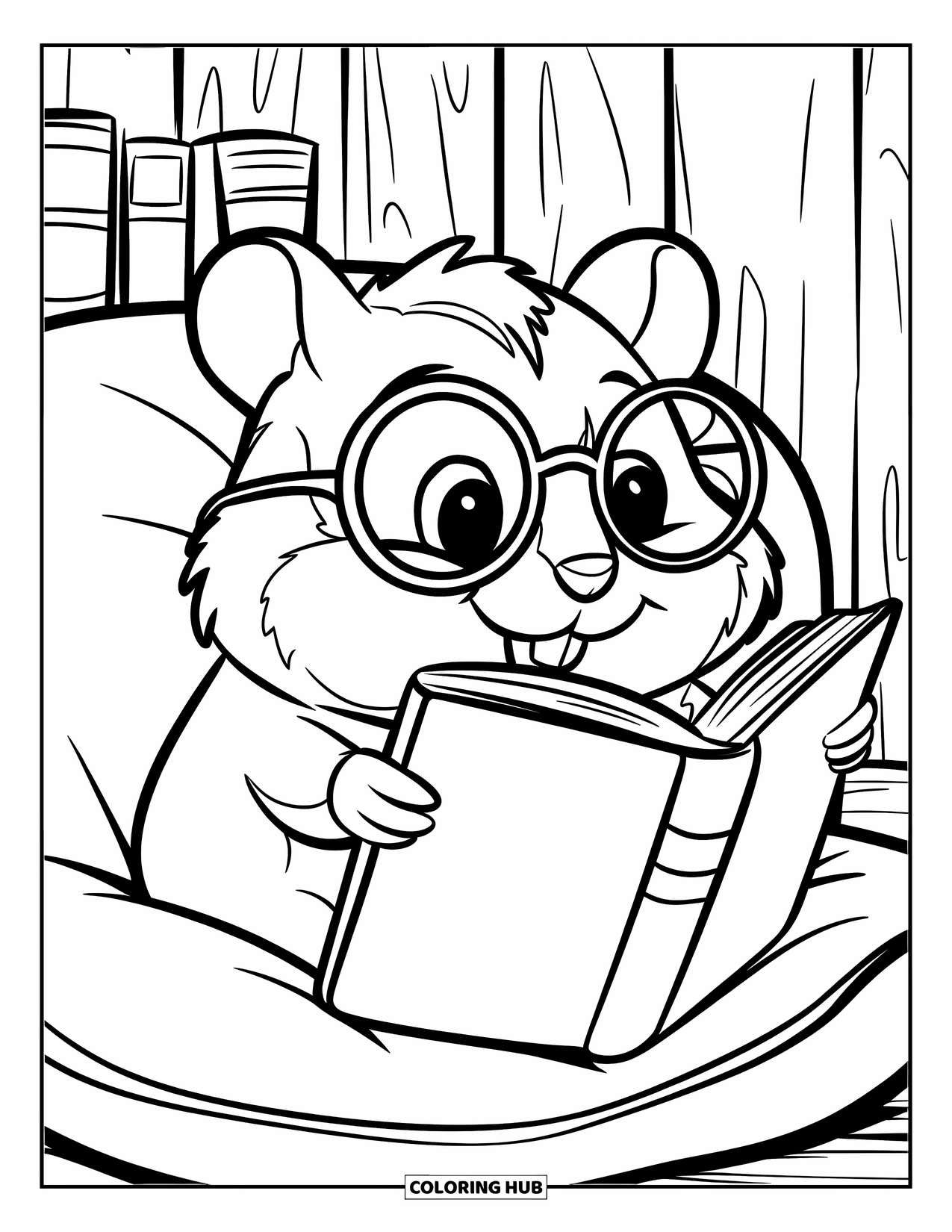 Kolorowanka z chomikiem dla dzieci: Chomik w okrągłych okularach siedzi na poduszce czytając książkę z drewnianym tłem