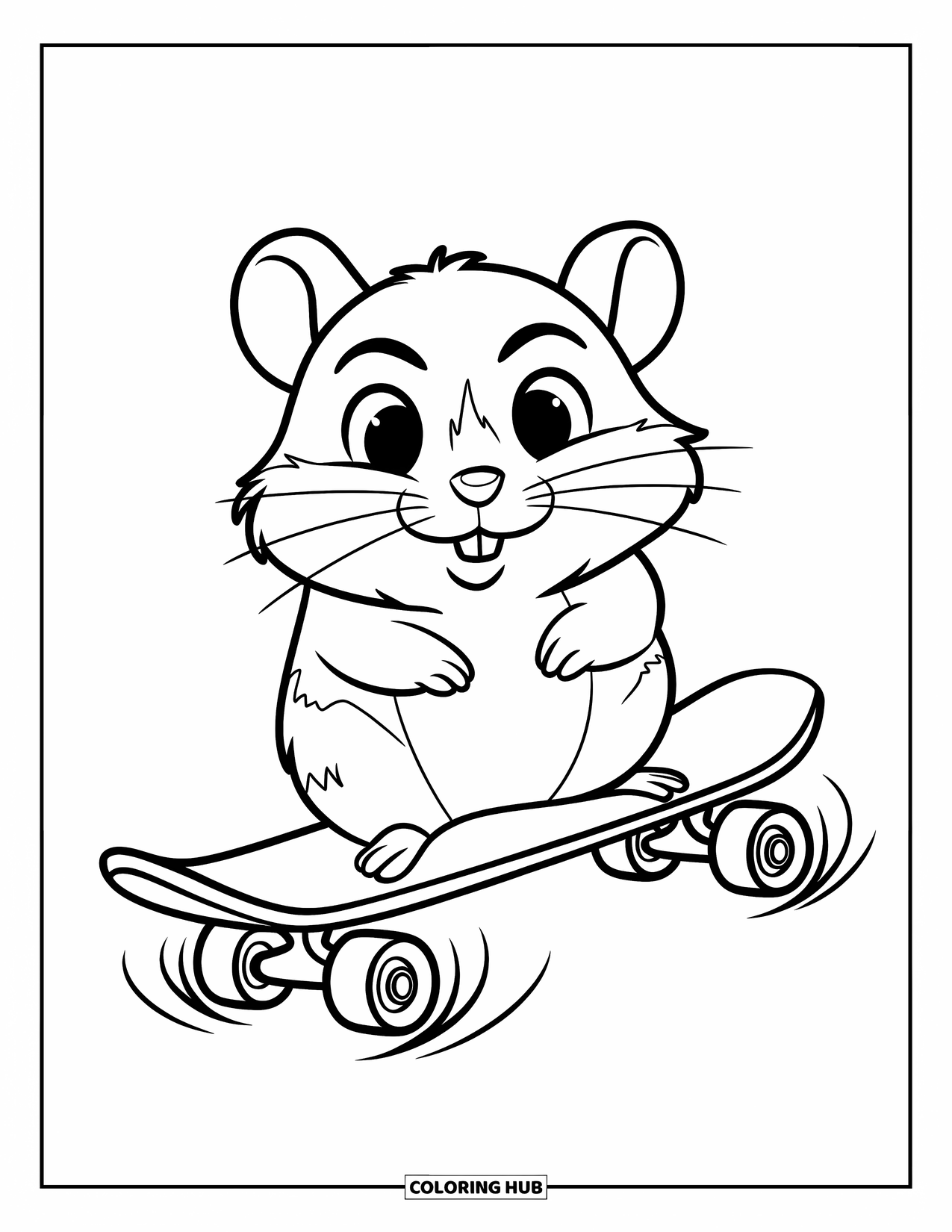 Kolorowanka z chomikiem dla dzieci: Chomik na deskorolce z liniami ruchu i wyraźnymi konturami