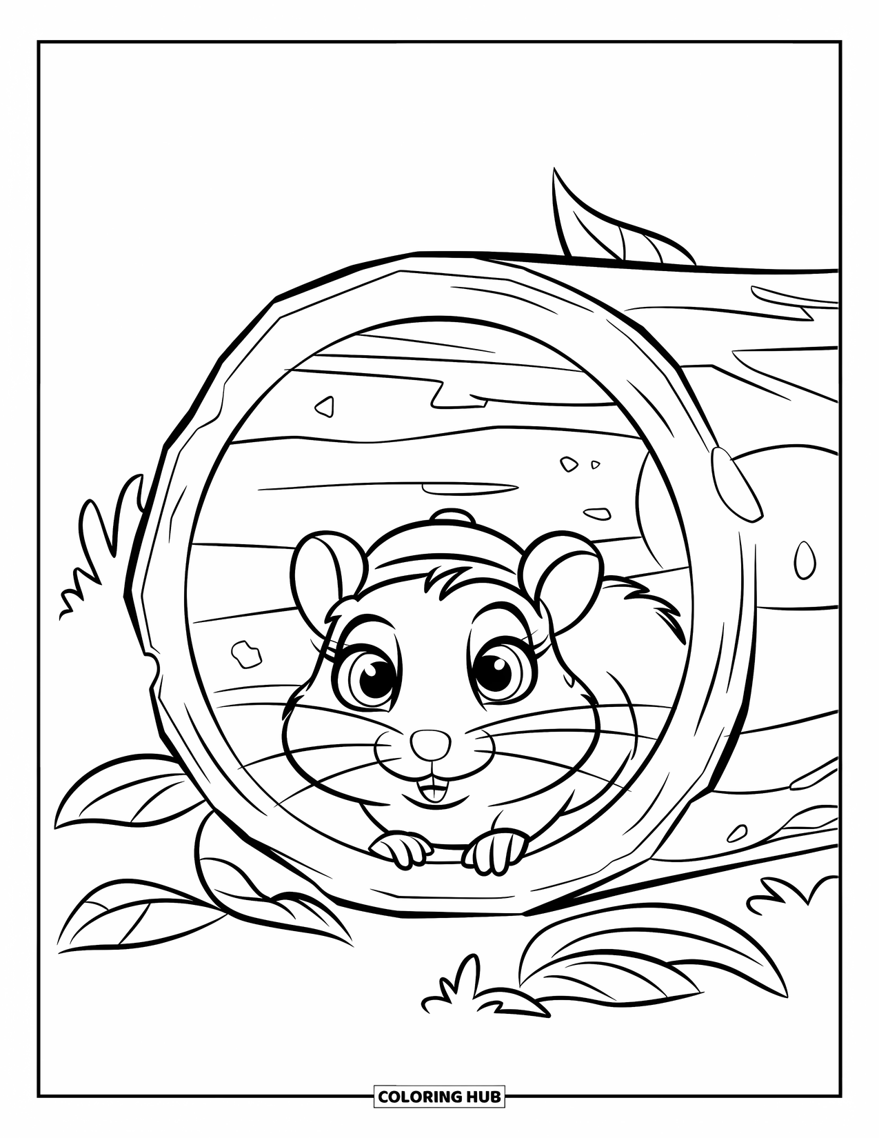 Kolorowanka z chomikiem dla dzieci: Chomik wygląda zza wydrążonej kłody, z dużymi oczami i liśćmi wokół