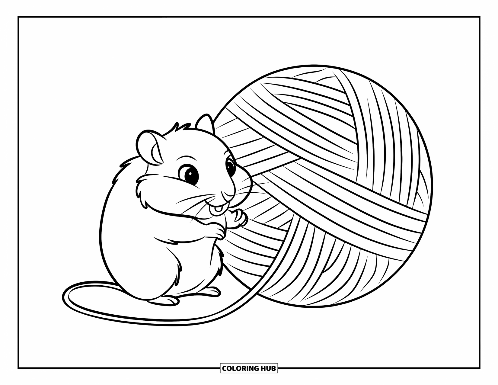 Kolorowanka z chomikiem dla dzieci: Chomik bawi się dużą kulą włóczki, z wyraźnymi konturami i bez szczegółów tła
