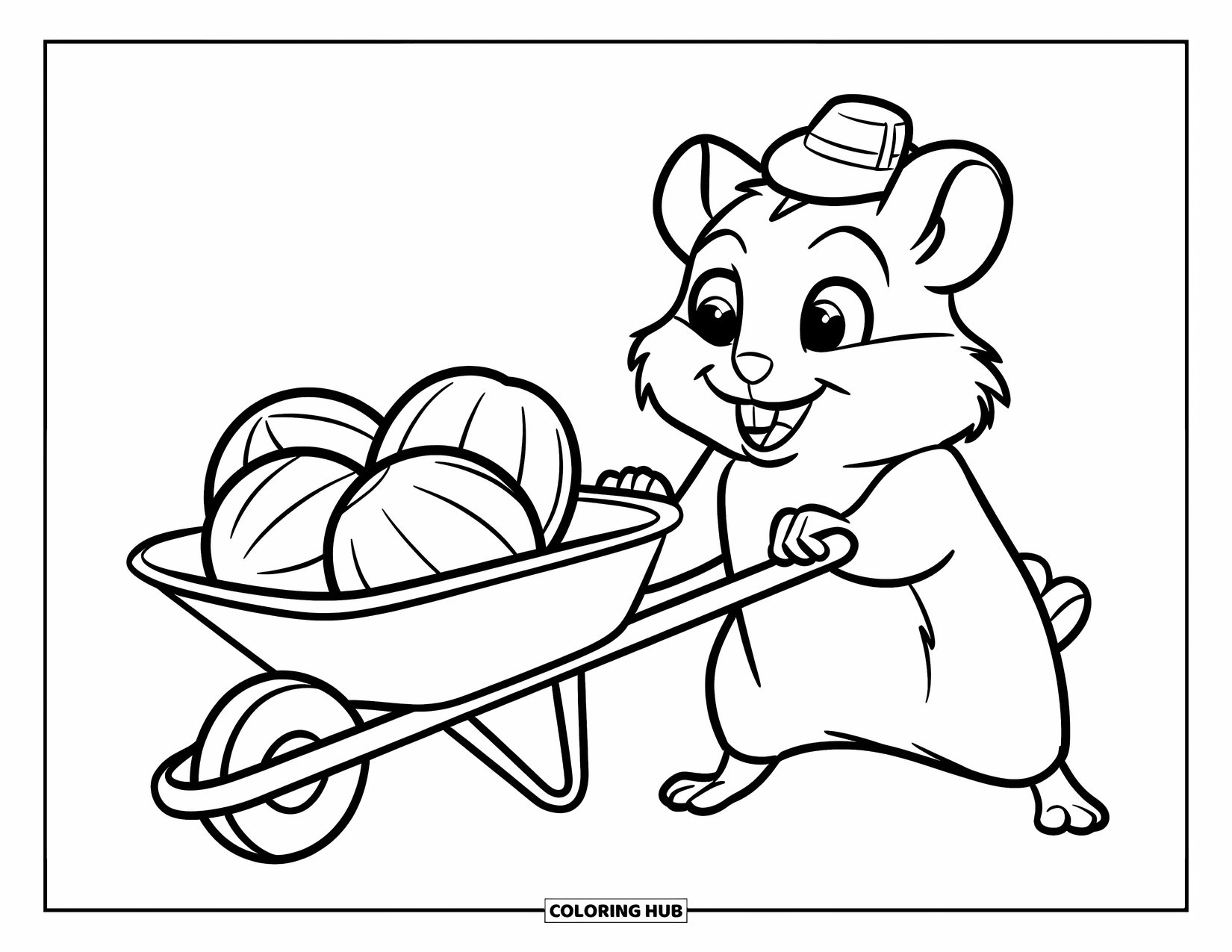 Kolorowanka z chomikiem dla dzieci: Chomik pcha taczkę z trzema dużymi orzechami