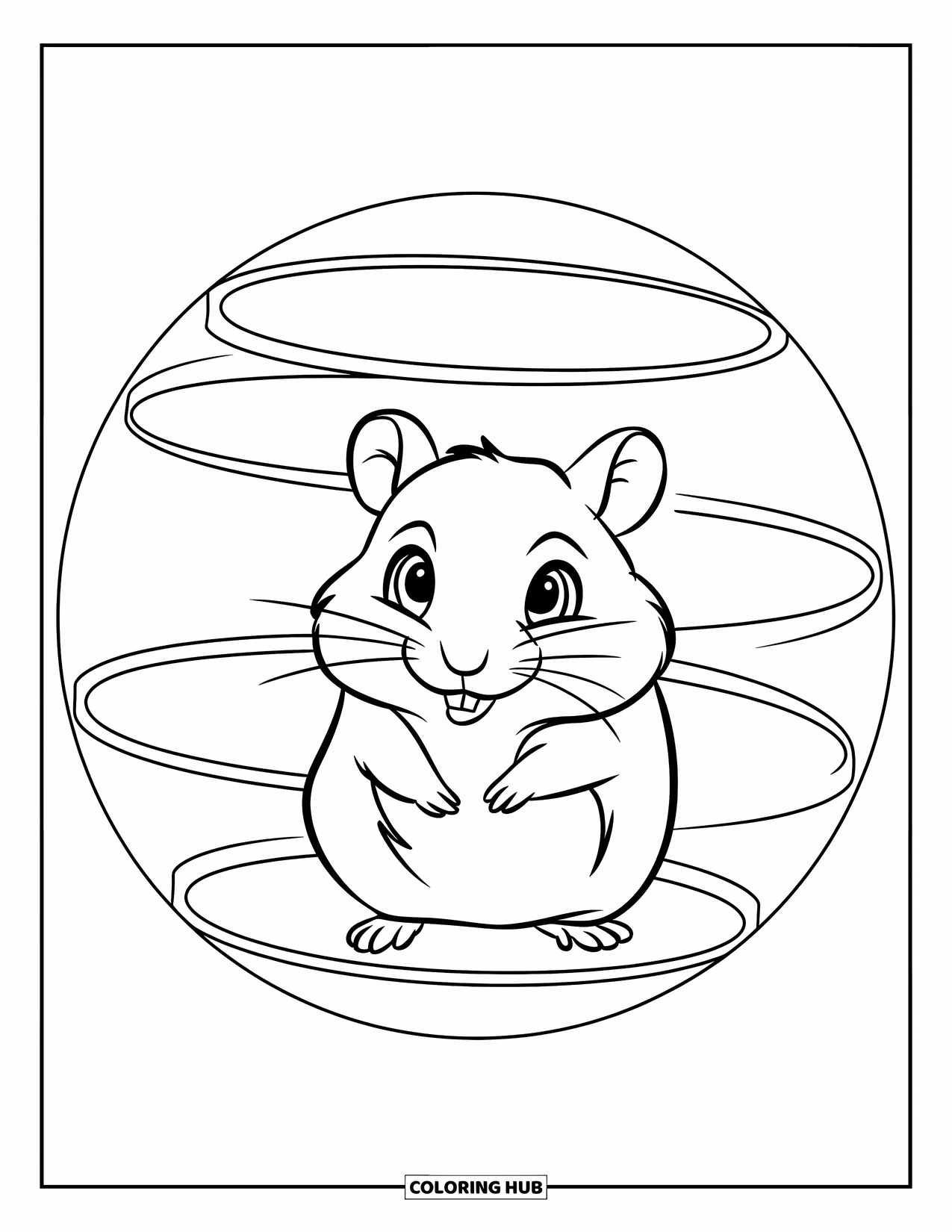 Kolorowanka z chomikiem dla dzieci: Chomik siedzi w prostej kuli do ćwiczeń z dużymi, ekspresyjnymi oczami