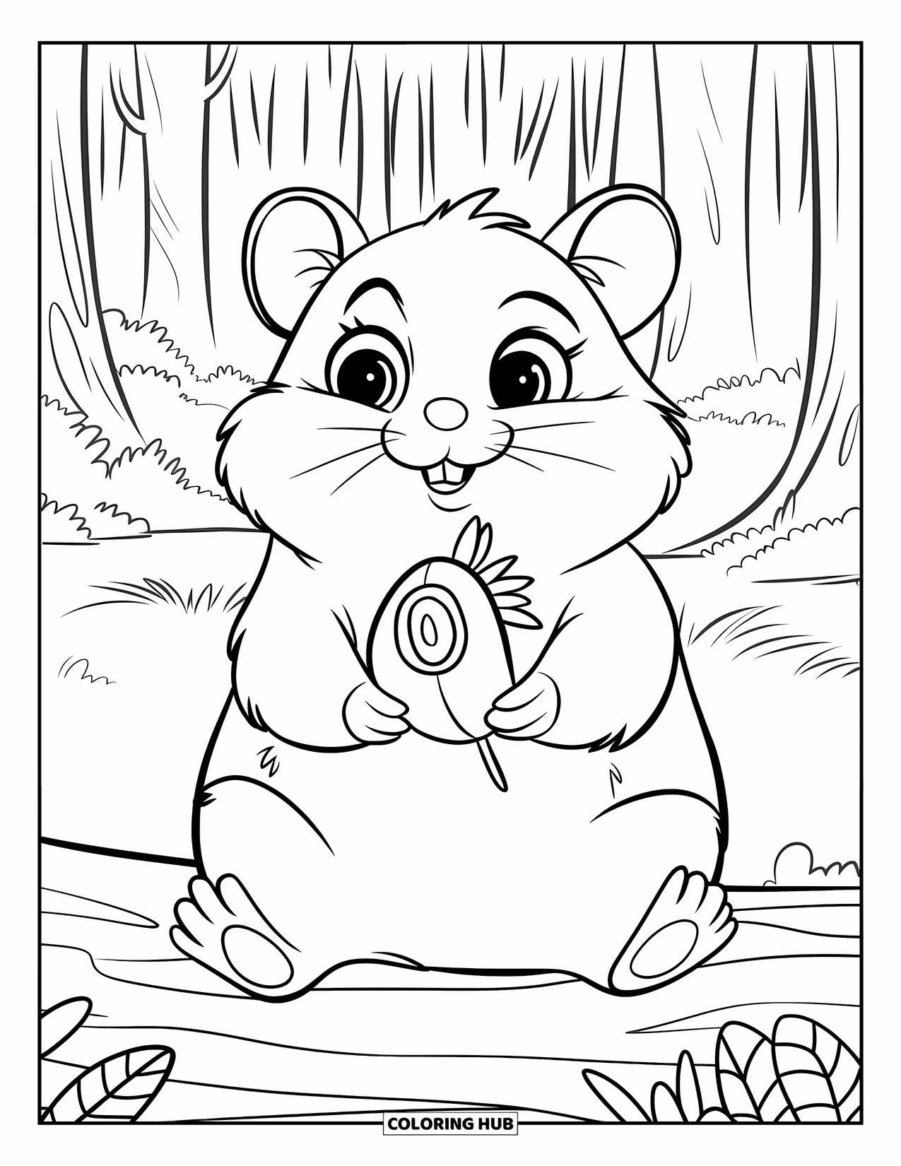 Kolorowanka z chomikiem dla dzieci: Chomik siedzi prosto, trzymając ziarno słonecznika na kłodzie w lesie