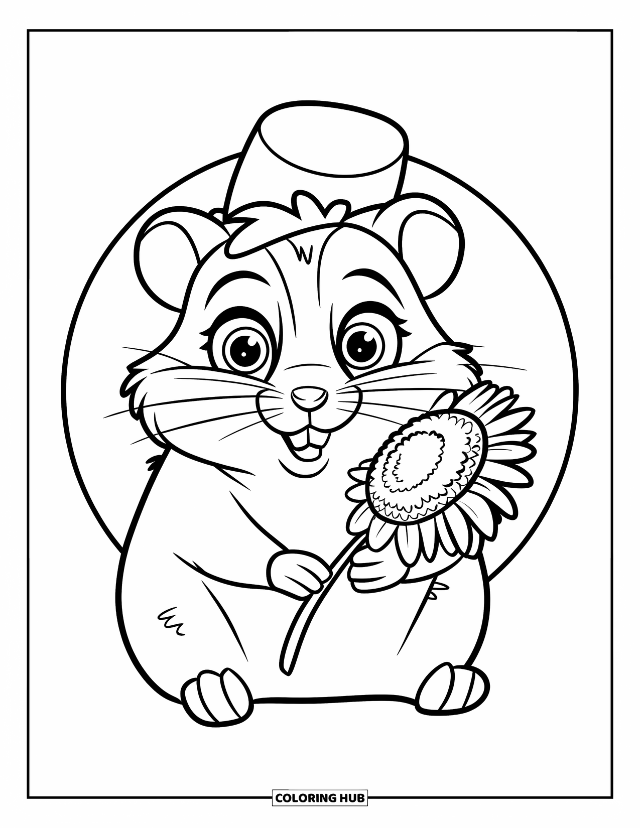 Kolorowanka z chomikiem dla dzieci: Chomik siedzi prosto, trzymając ziarno słonecznika, nosząc kapelusz o prostym wzorze