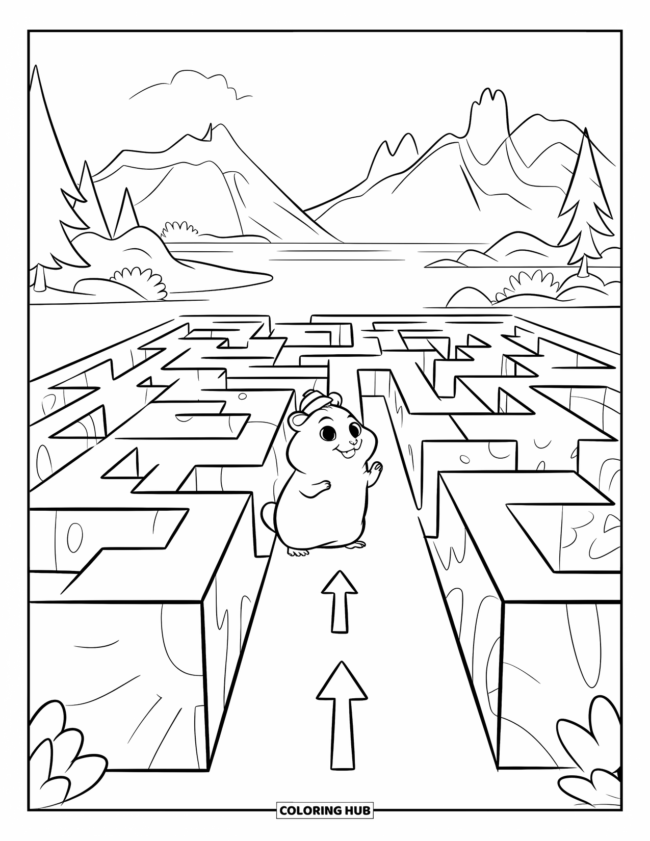 Kolorowanka z chomikiem dla dzieci: Chomik stoi na ścieżce labiryntu ze strzałkami, z teksturowanymi ścianami i małym kapeluszu