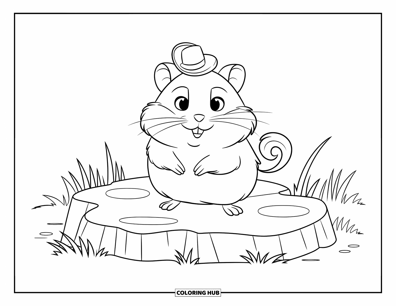 Kolorowanka z chomikiem dla dzieci: Chomik z zakręconym ogonem i małym kapeluszu stoi na skale na trawiastym polu