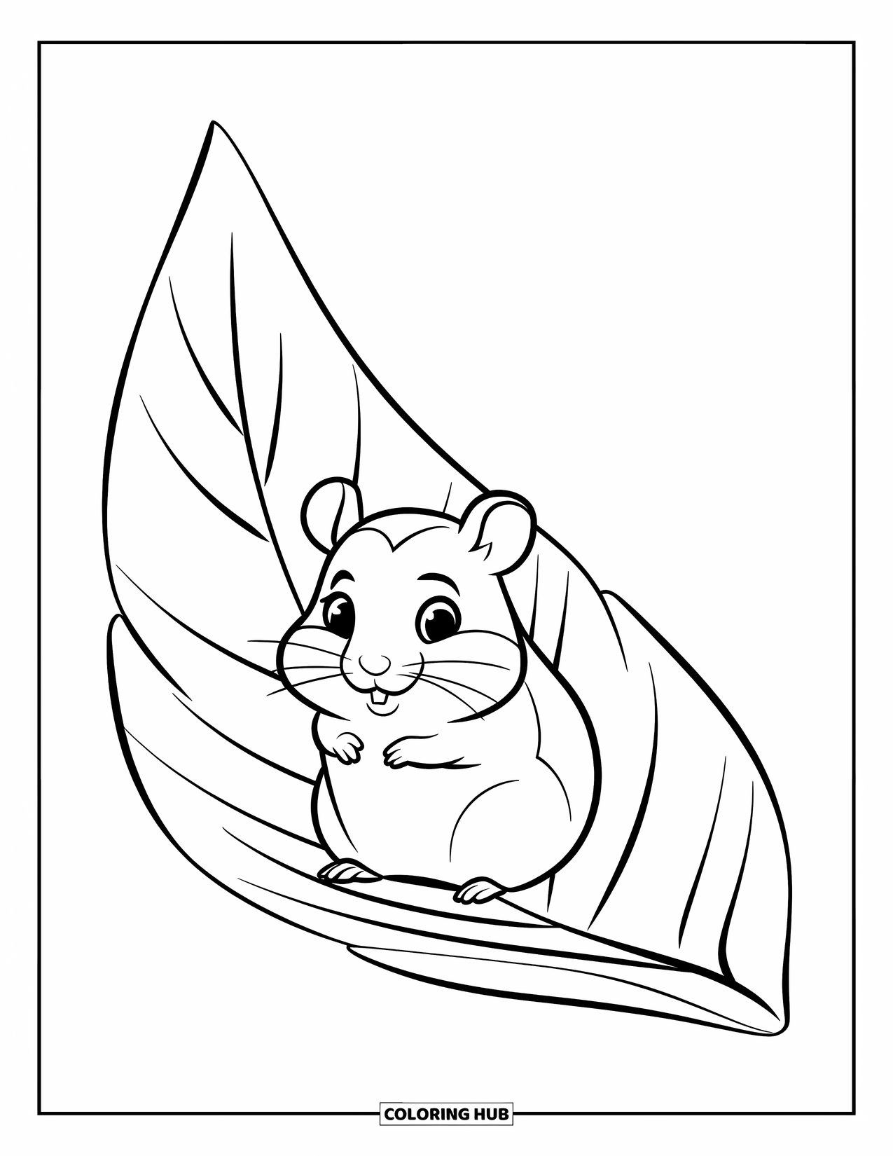 Kolorowanka z chomikiem dla dzieci: Chomik z okrągłym ciałem siedzi na dużym liściu