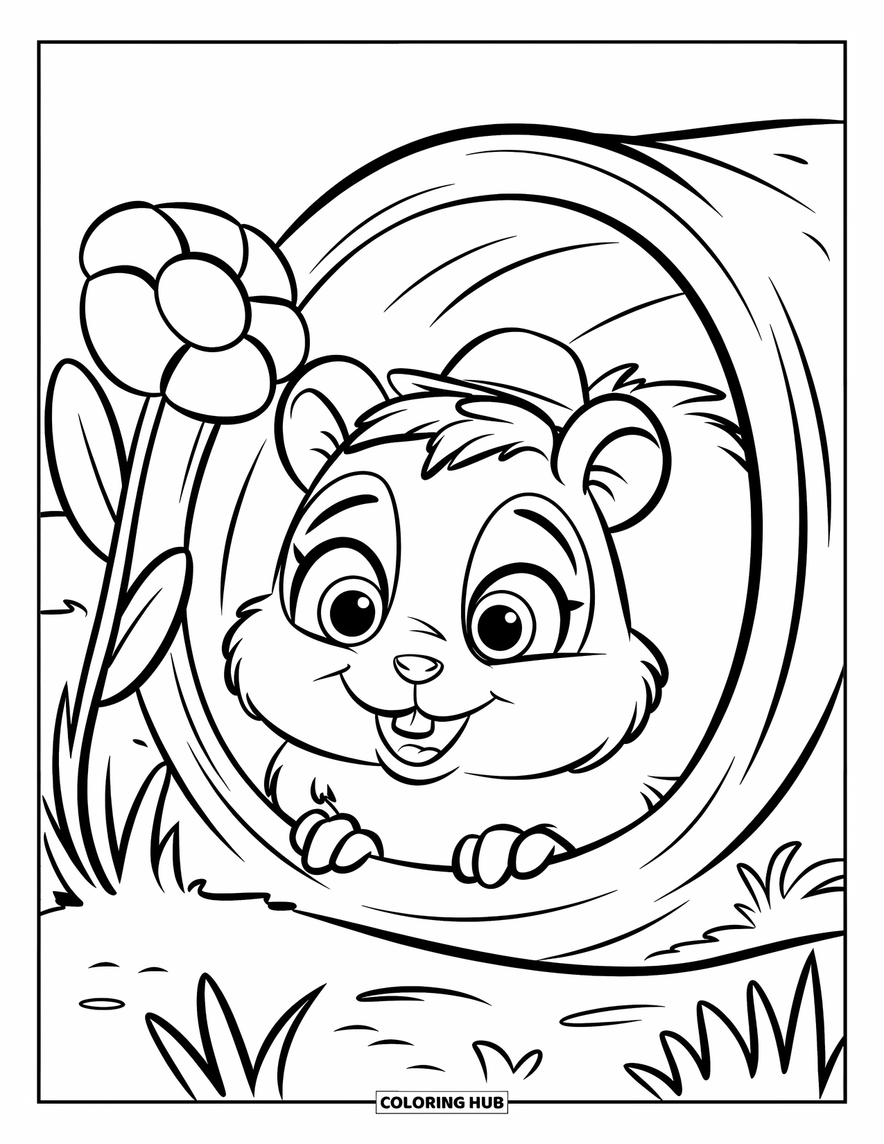 Kolorowanka z chomikiem dla dzieci: Chomik z ekspresyjnymi oczami i małym kapeluszu wygląda z nory, z kwiatem w pobliżu