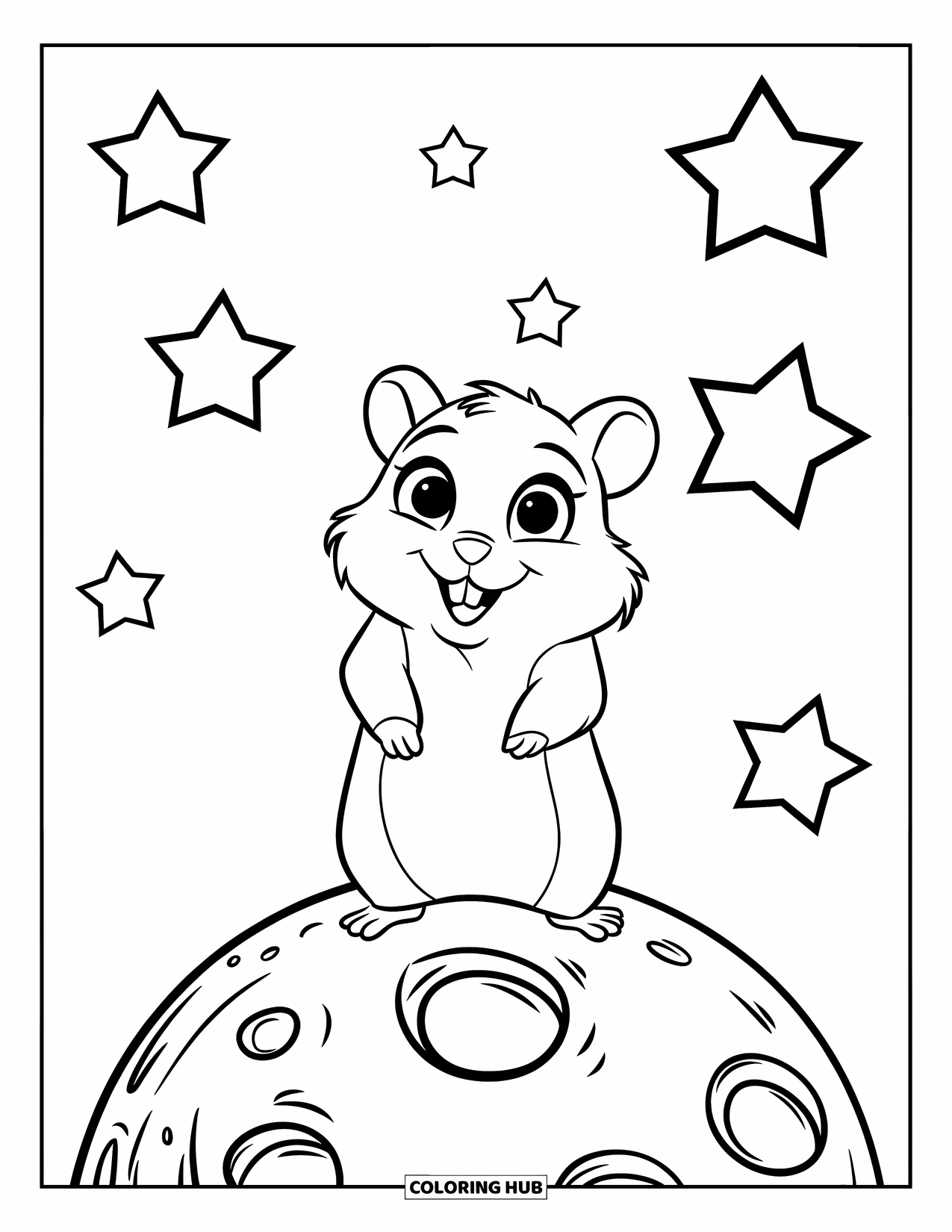 Kolorowanka z chomikiem dla dzieci: Chomik z wyciągniętymi ramionami stoi na księżycu, otoczony wyraźnymi gwiazdami
