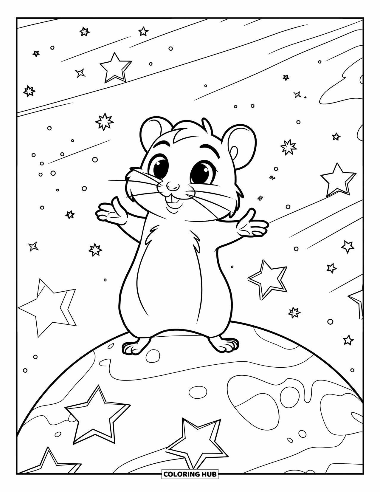 Kolorowanka z chomikiem dla dzieci: Chomik z wyciągniętymi ramionami stoi na planecie, otoczony wyraźnymi gwiazdami