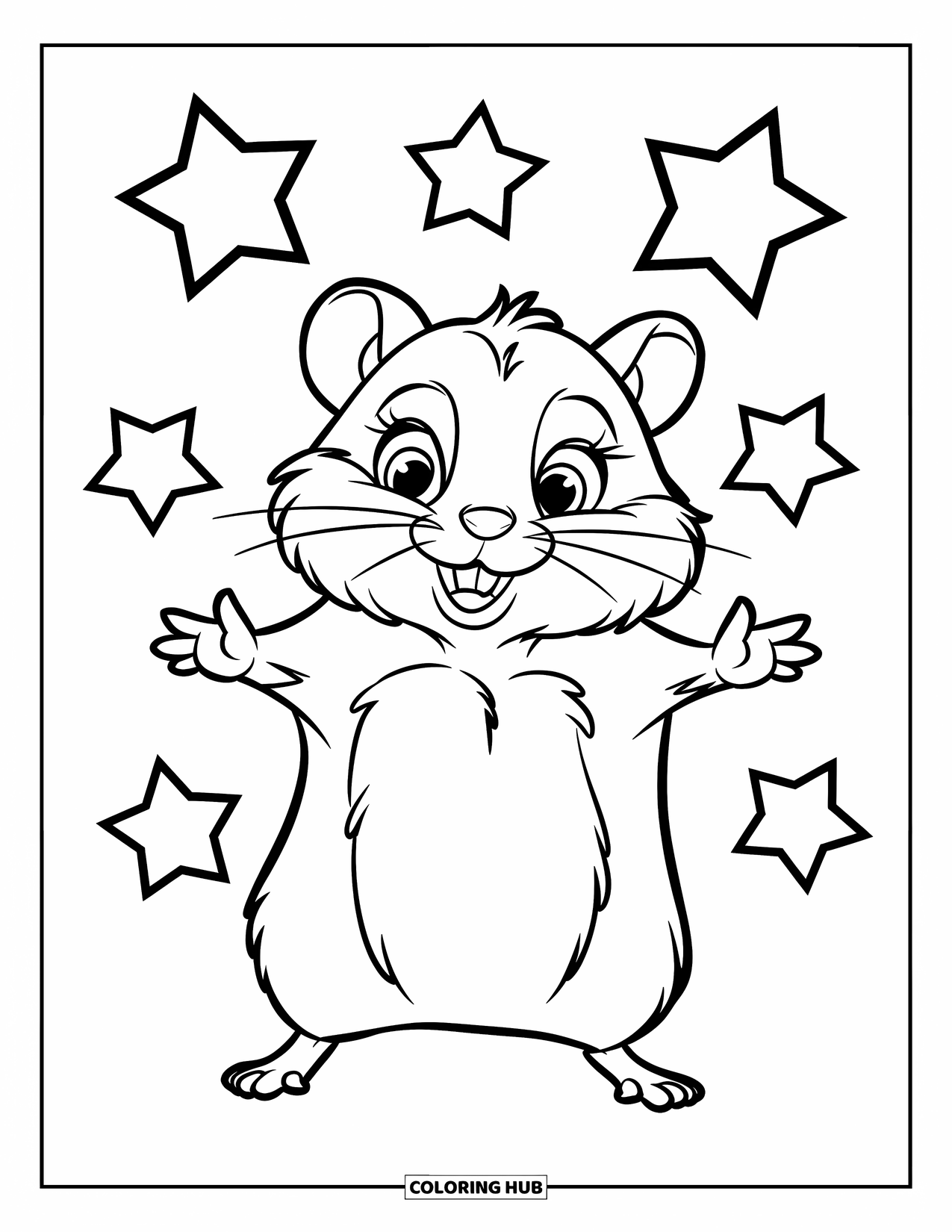 Kolorowanka z chomikiem dla dzieci: Chomik z wyciągniętymi ramionami stoi na tylnych łapach, otoczony wyraźnymi gwiazdami