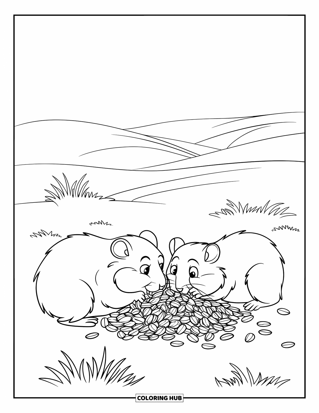 Kolorowanka z chomikiem dla dzieci: Dwa chomiki dzielą się stertą ziaren słonecznika, otoczone kępkami trawy