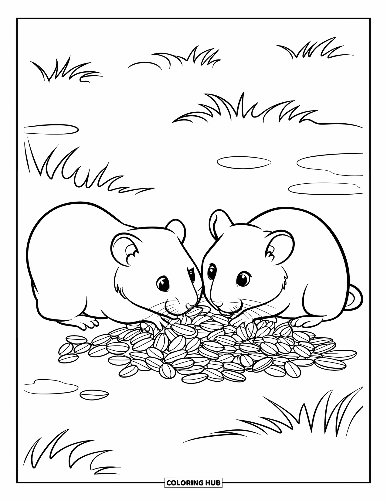 Kolorowanka z chomikiem dla dzieci: Dwa chomiki dzielą się stertą ziaren słonecznika, z kępkami trawy wokół nich
