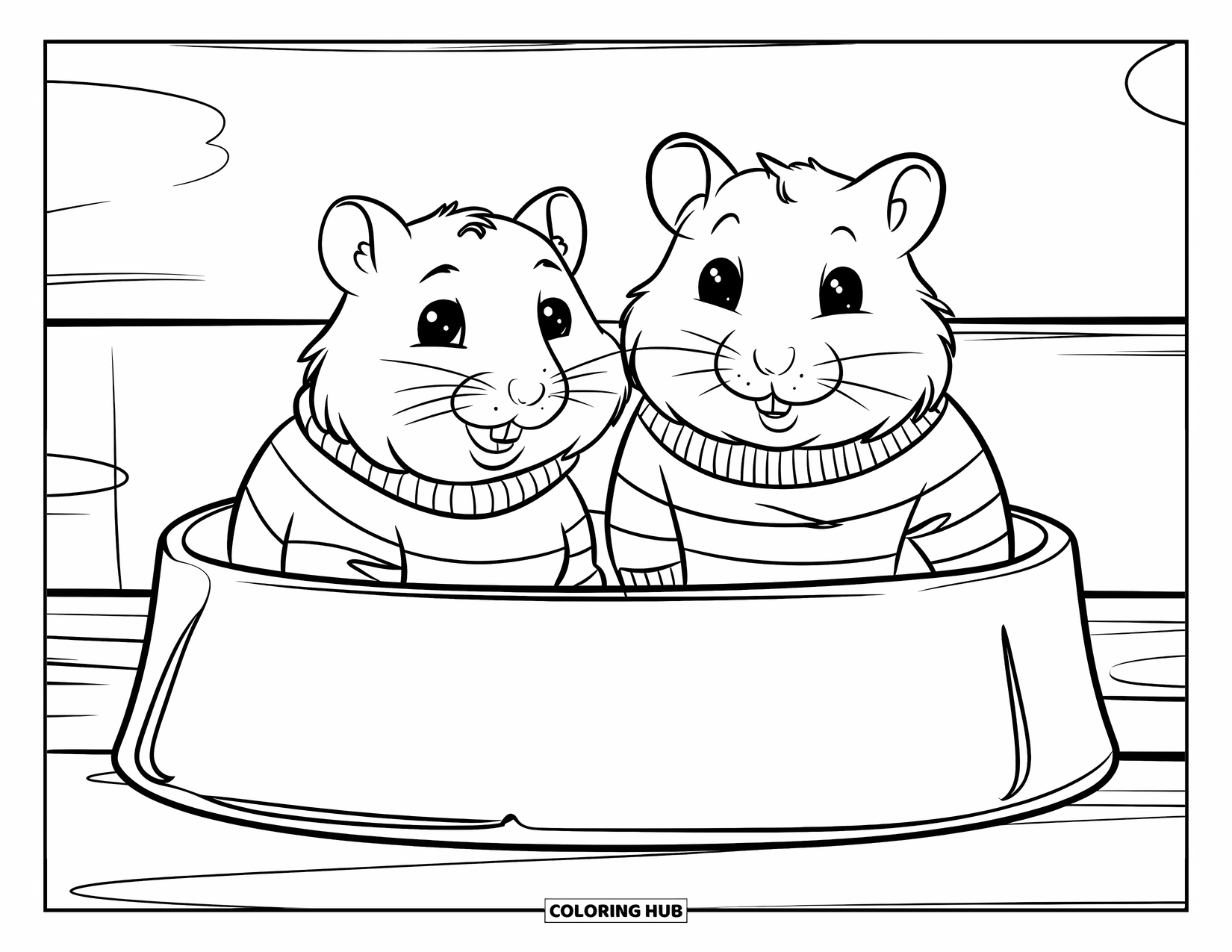 Kolorowanka z chomikiem dla dzieci: Dwa chomiki siedzą obok siebie w misce na jedzenie, nosząc swetry w paski, z dużymi sekcjami do kolorowania