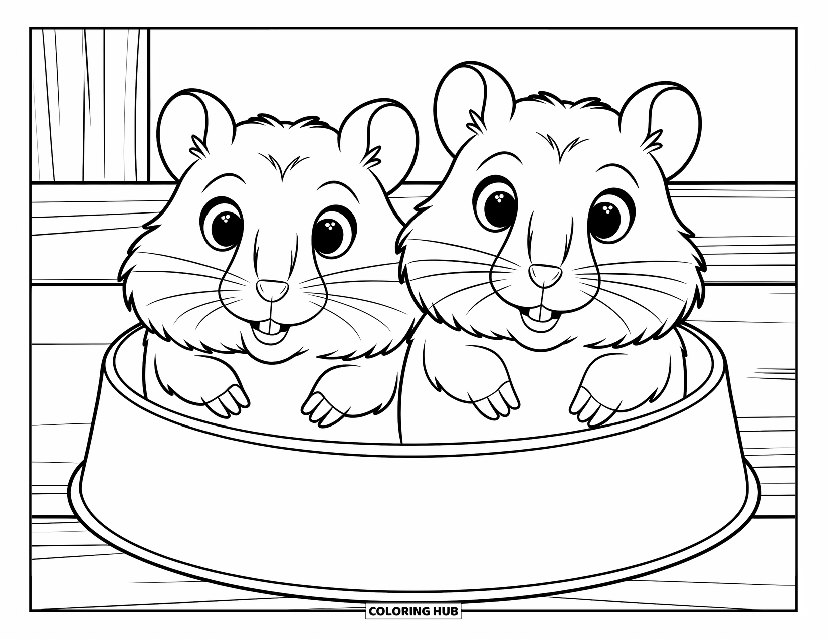 Kolorowanka z chomikiem dla dzieci: Dwa chomiki siedzą obok siebie w zwykłej misce na jedzenie z dużymi, ekspresyjnymi oczami