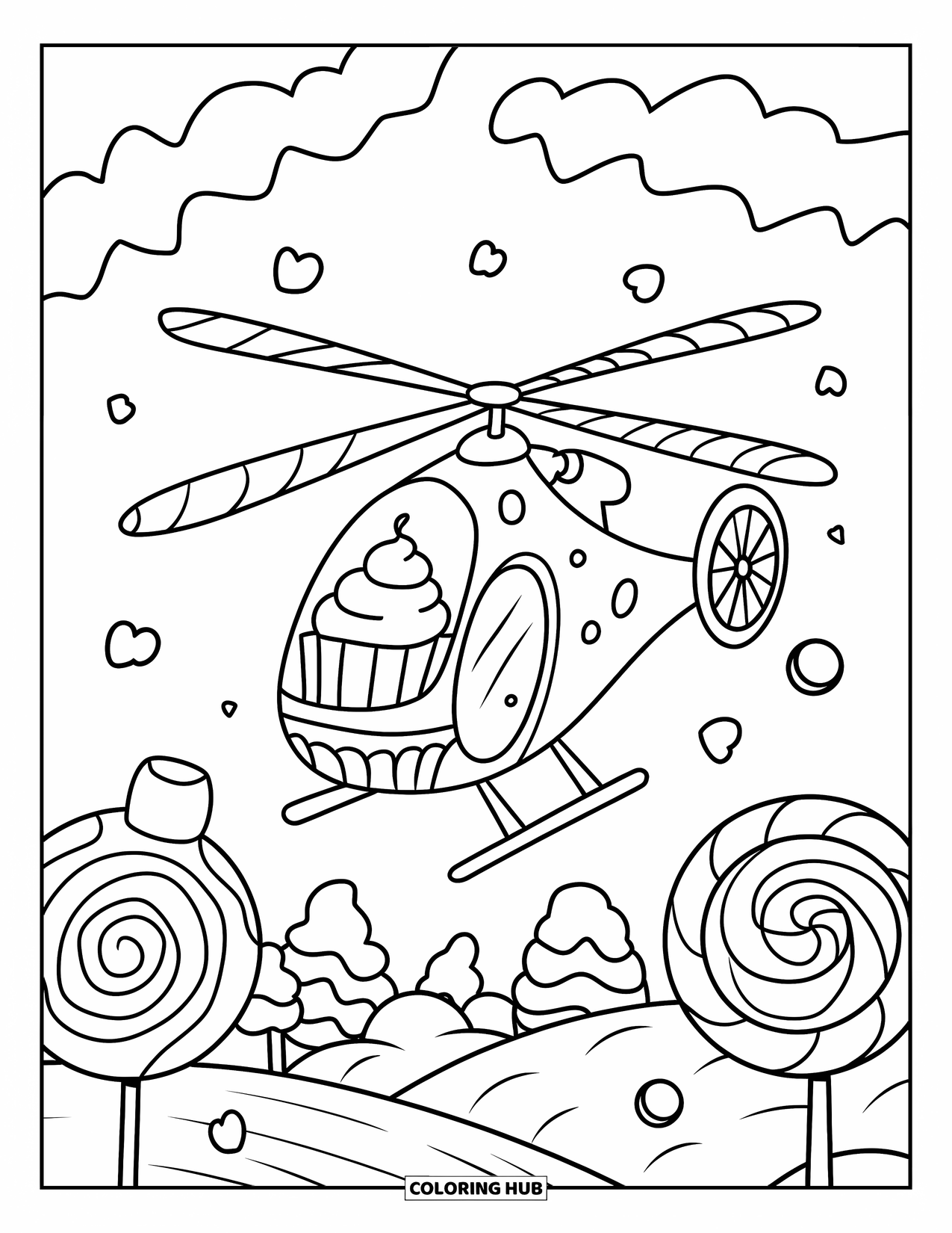 Desenho de helicóptero para colorir para adultos: Um helicóptero com tema de doces com detalhes de cupcake voa sobre uma paisagem caprichosa de pirulitos e marshmallows