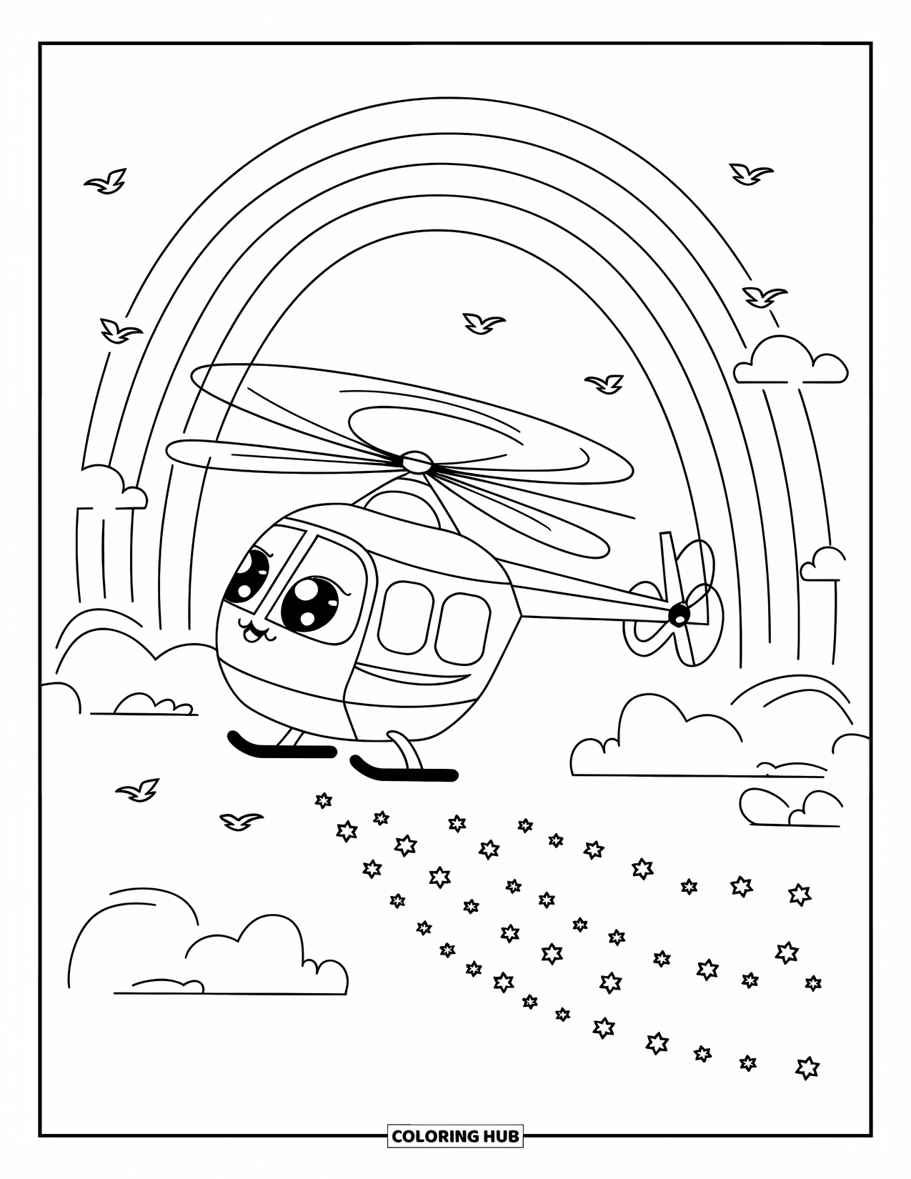 Desenho de helicóptero para colorir para adultos: Um helicóptero rechonchudo voa através de um arco-íris arqueado enquanto pequenos pássaros e nuvens acenam abaixo