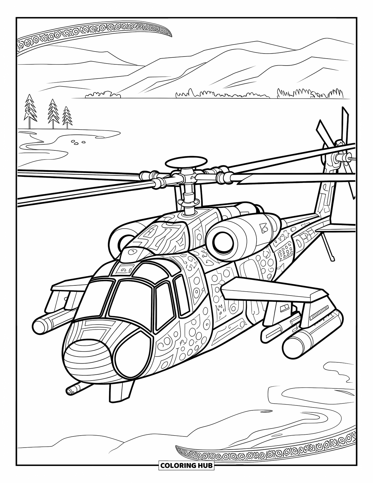 Desenho de helicóptero para colorir para adultos: Um helicóptero de combate com padrões intrincados voa sobre uma paisagem serena com montanhas e árvores