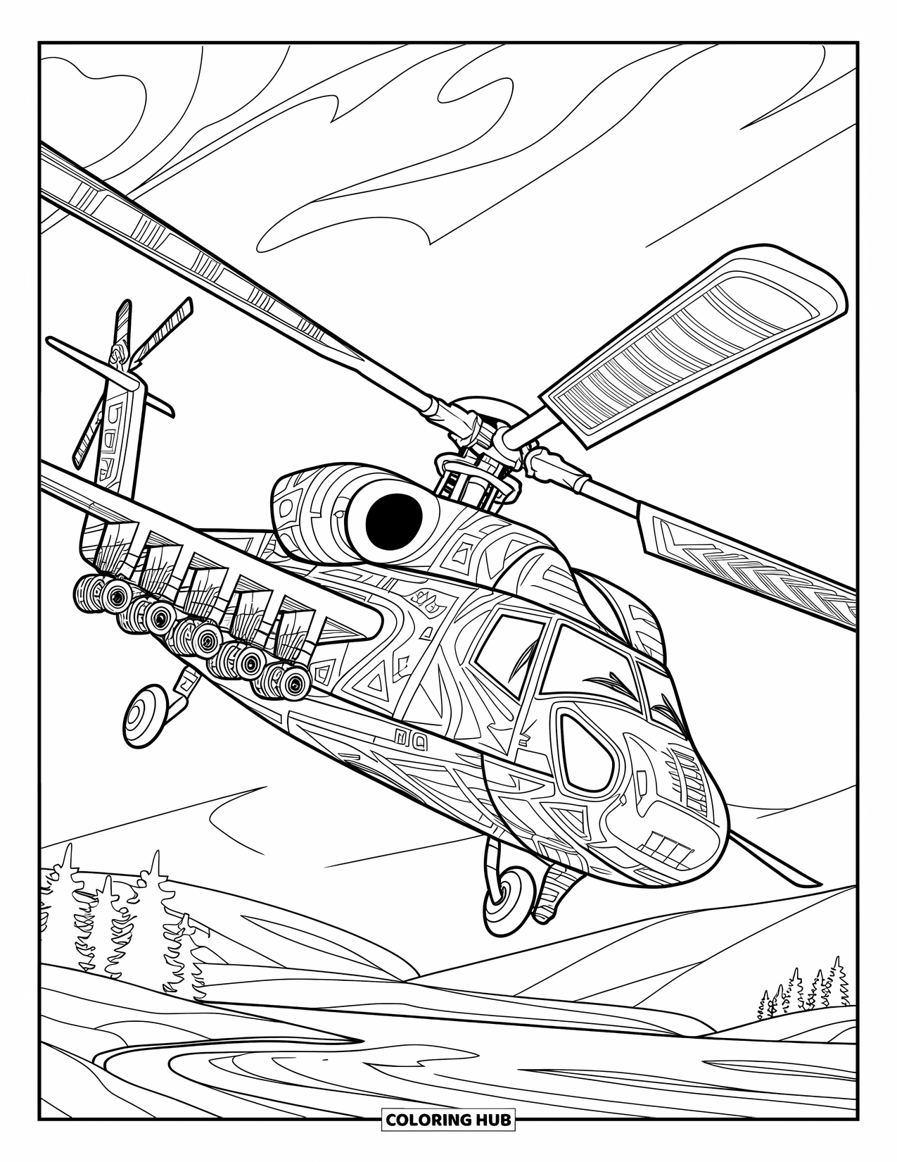 Desenho de helicóptero para colorir para adultos: Um helicóptero de combate com rotores realistas e padrões complexos paira sobre um fundo panorâmico
