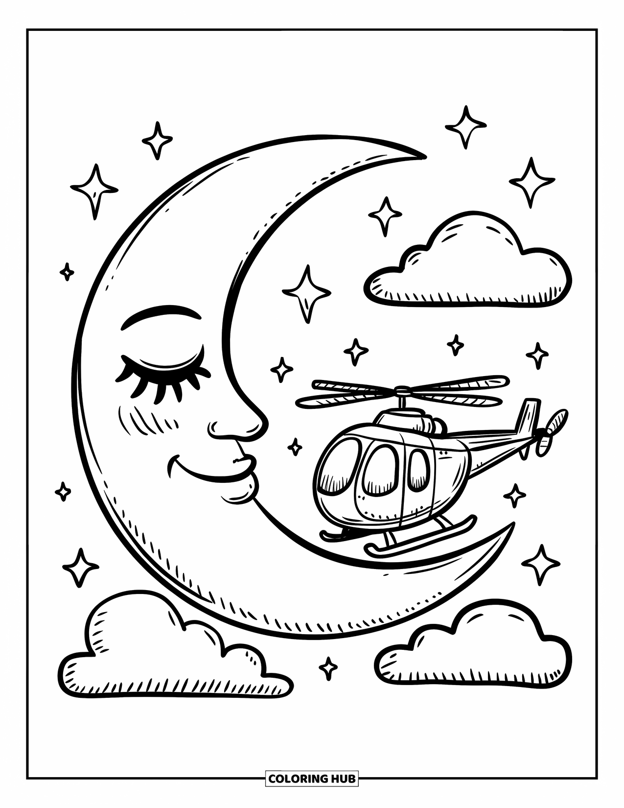 Desenho de helicóptero para colorir para adultos: Um helicóptero fofo flutua por um céu estrelado, descansando ao lado de uma lua crescente pacífica