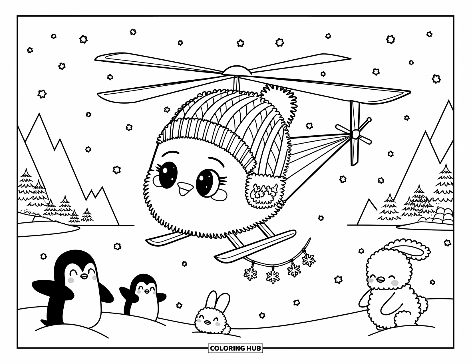 Desenho de helicóptero para colorir para adultos: Um helicóptero fofo usando um gorro de tricô voa através de uma suave queda de neve enquanto pinguins e coelhos da neve observam