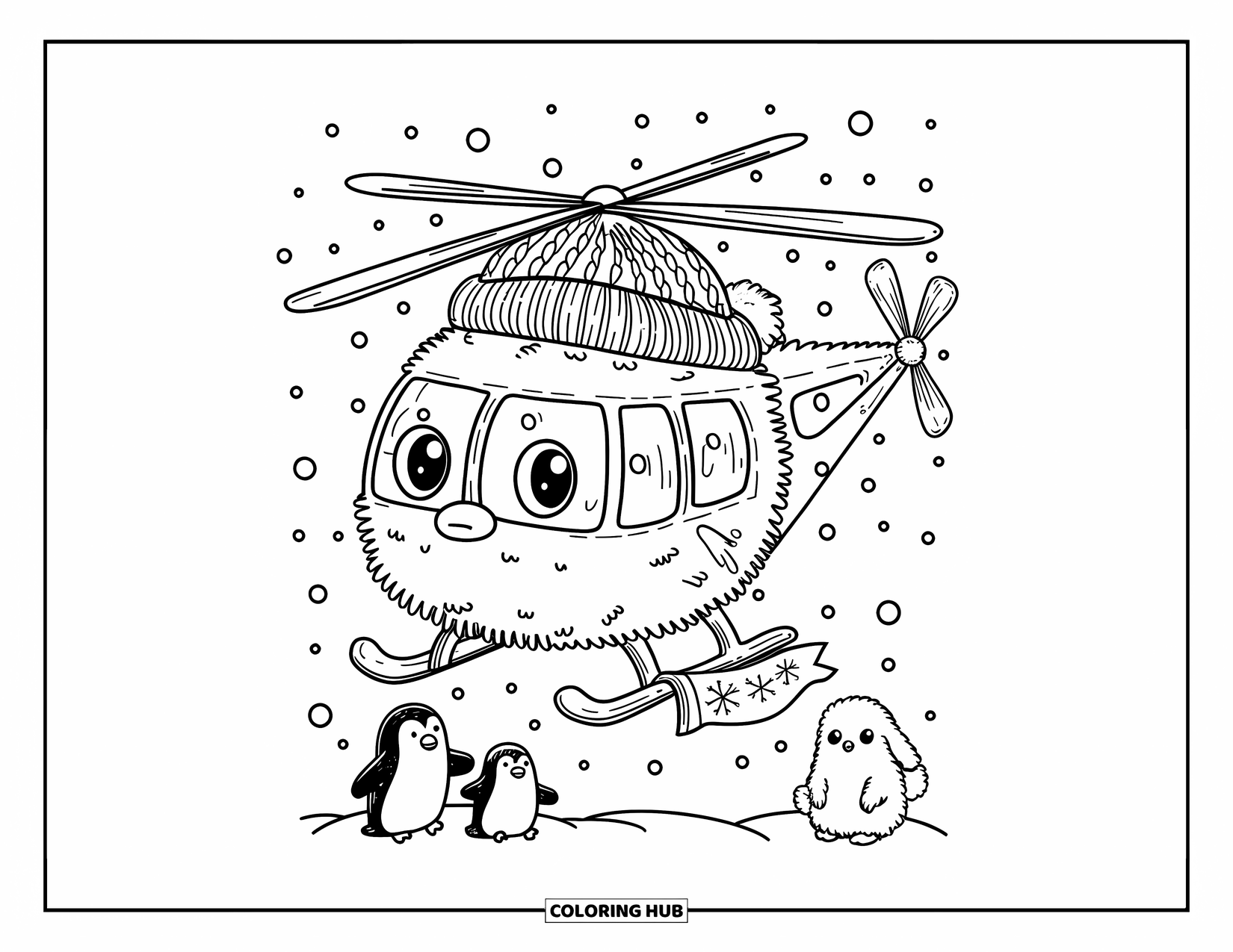 Desenho de helicóptero para colorir para adultos: Um helicóptero fofo com um chapéu de inverno voa através da neve caindo enquanto pinguins e coelhos olham para cima