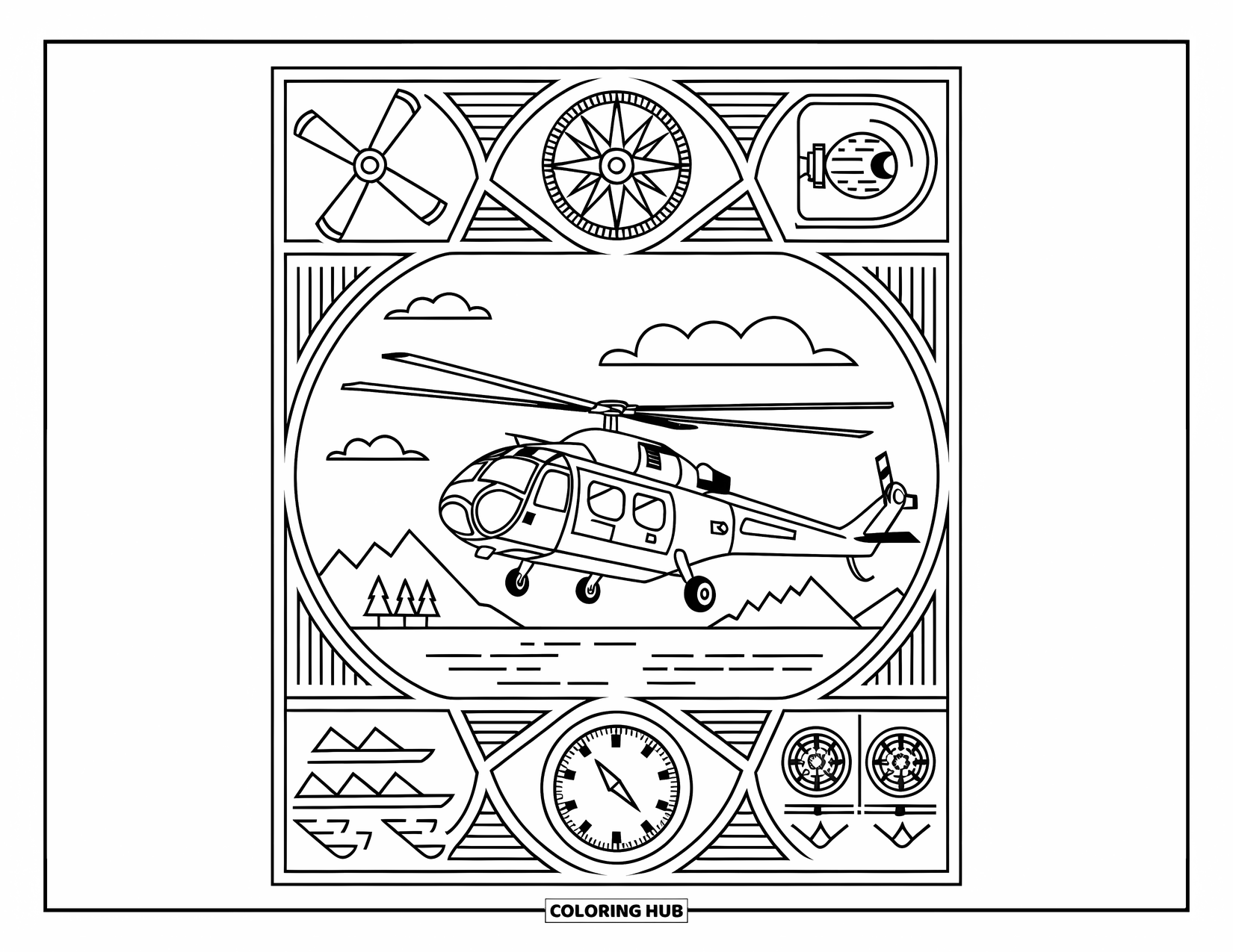 Desenho de helicóptero para colorir para adultos: Um helicóptero voa sobre a água, emoldurado por uma borda de elementos de aviação, como bússolas e motores
