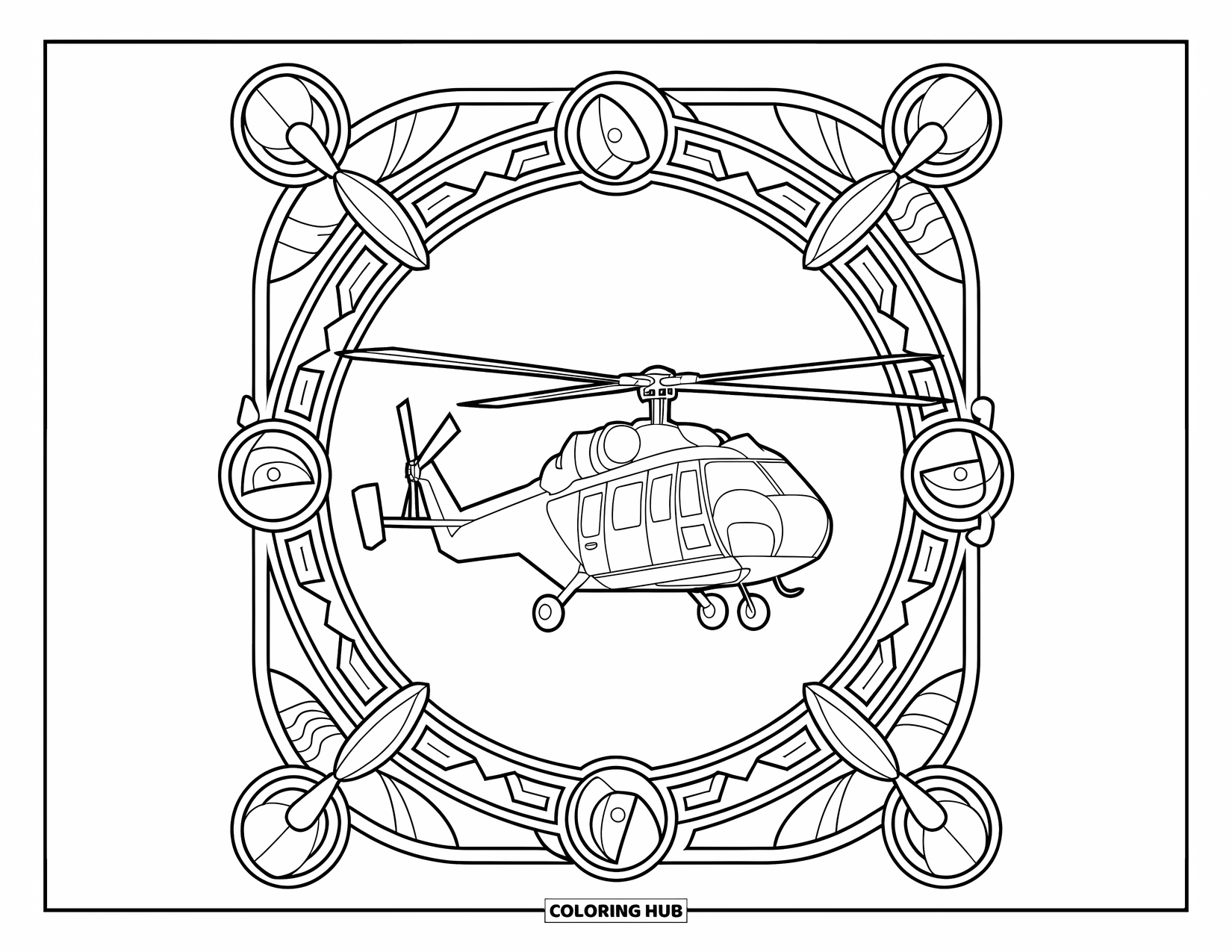 Desenho de helicóptero para colorir para adultos: Um helicóptero paira dentro de uma borda detalhada com tema de aviação, apresentando aviões, foguetes e símbolos