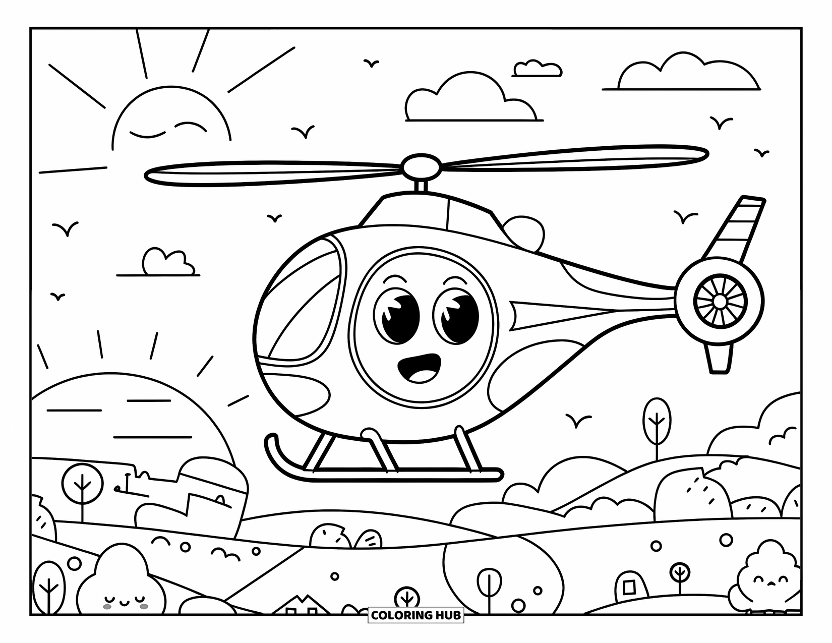 Desenho de helicóptero para colorir para adultos: Um helicóptero com um rosto feliz voa sobre um nascer do sol com pássaros e nuvens fofas ao redor