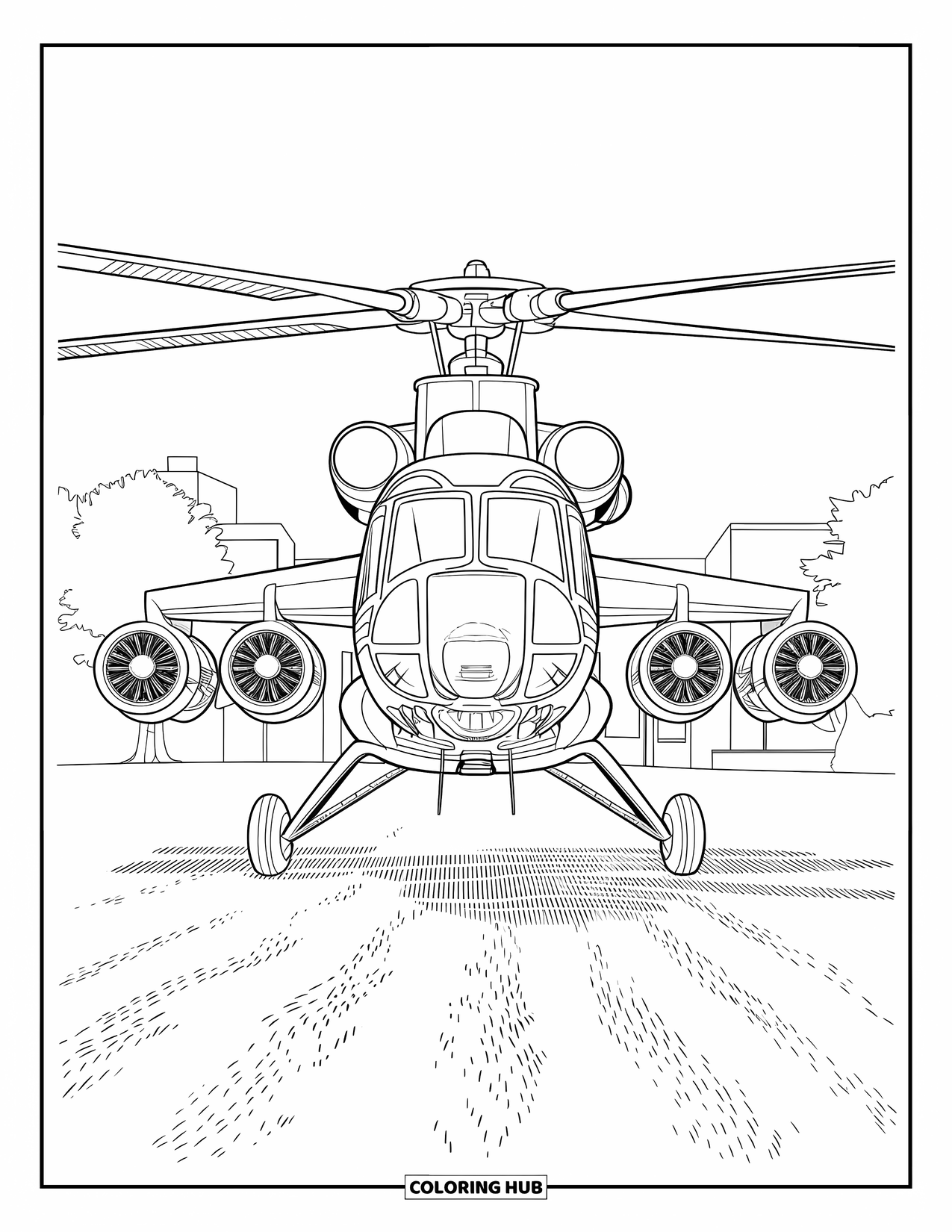 Desenho de helicóptero para colorir para adultos: Um helicóptero com um sistema de rotor altamente detalhado paira sobre um terreno texturizado com edifícios