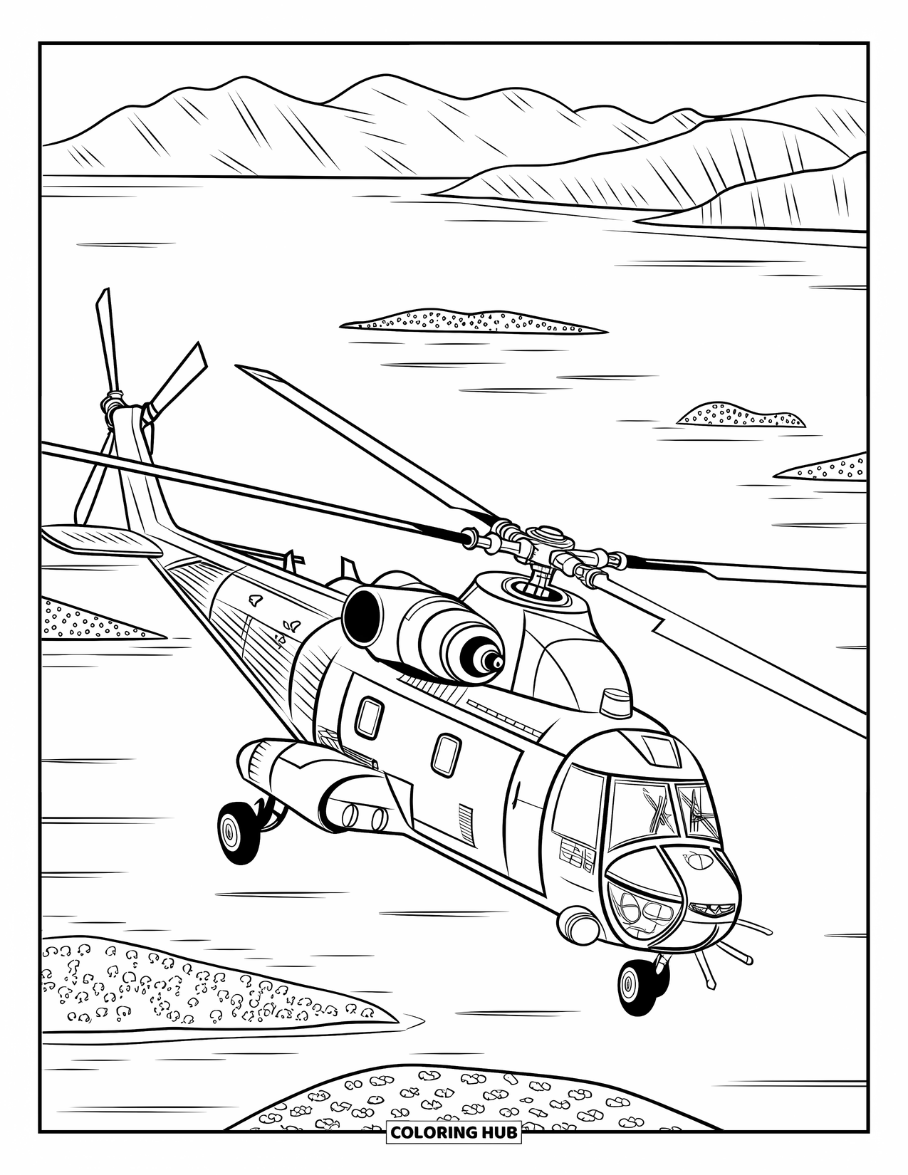 Desenho de helicóptero para colorir para adultos: Um helicóptero militar histórico paira sobre a água, com pequenas ilhas e montanhas à distância