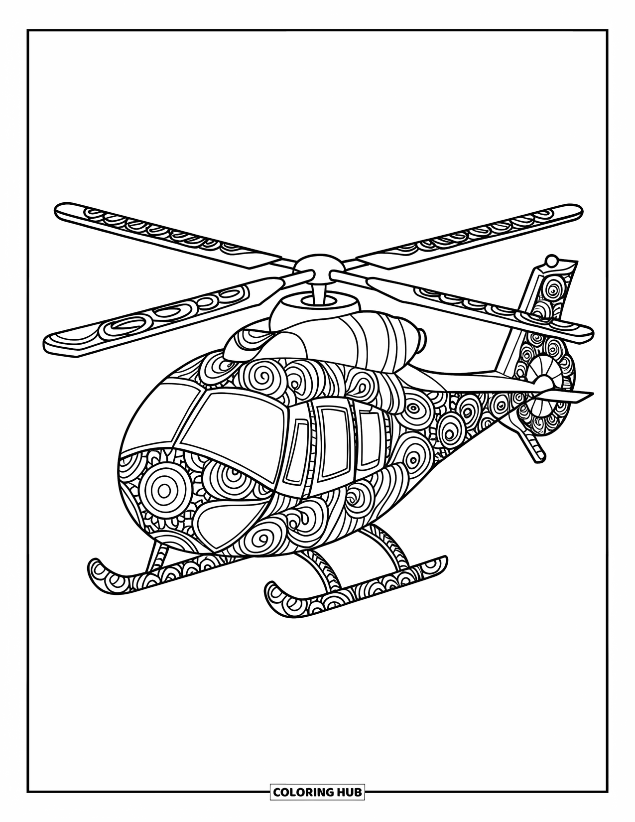Desenho de helicóptero para colorir para adultos: Um helicóptero estilo mandala com padrões giratórios decora seu corpo, pás do rotor e seção da cauda
